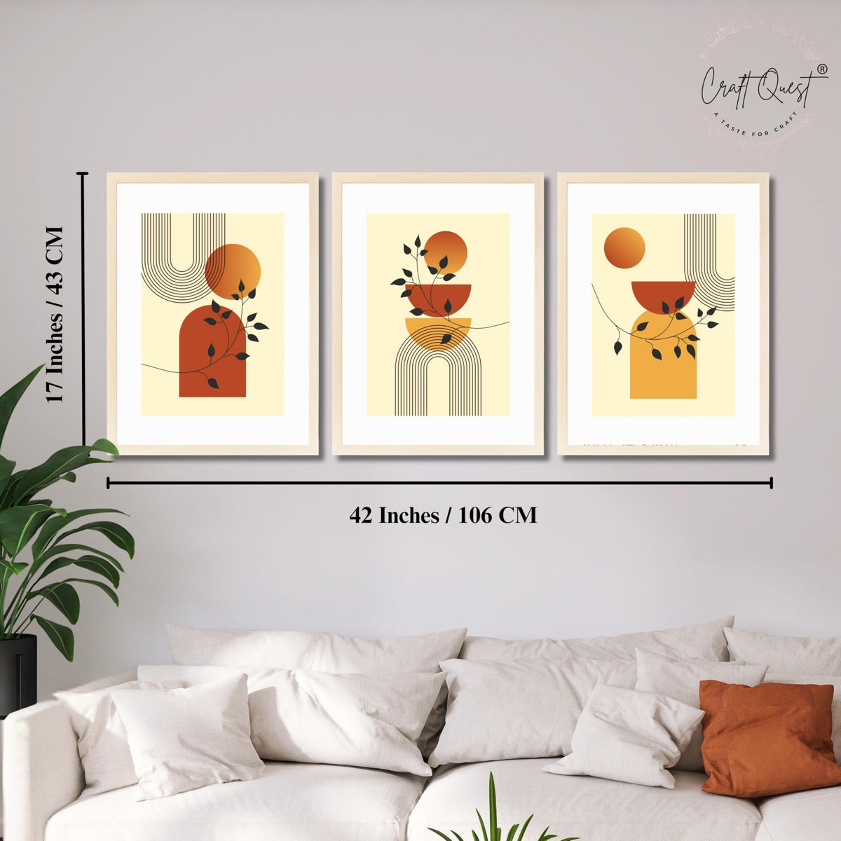 CRAFT QUEST Boho Contemporary Botanical Modern Wall Art | Set of 3 Frames for Home Decoration | Ideal for Living Room, Bedroom & Offices
