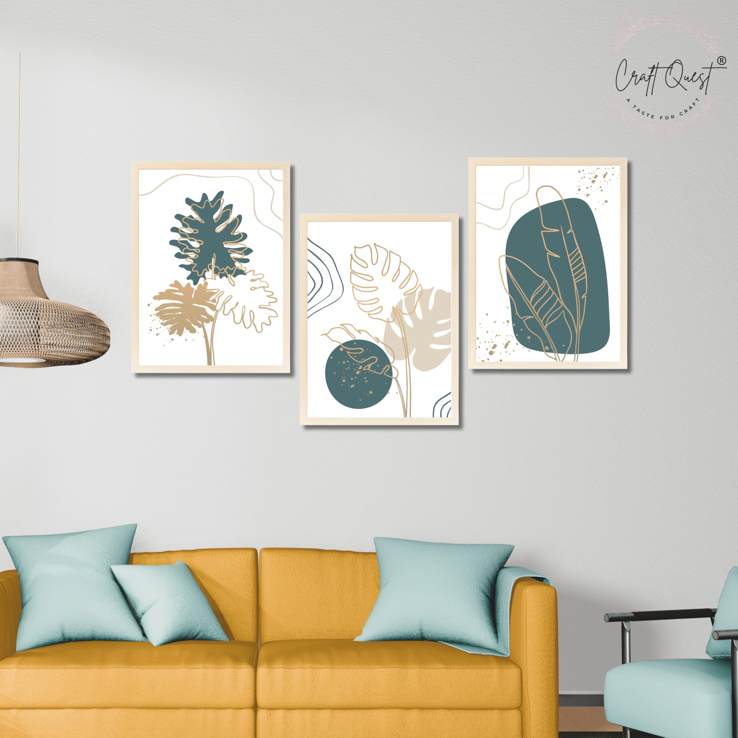 CRAFT QUEST Boho Leaf Artwork | Set of 3 Frames for Home Decoration | Ideal for Living Room, Bedroom & Offices