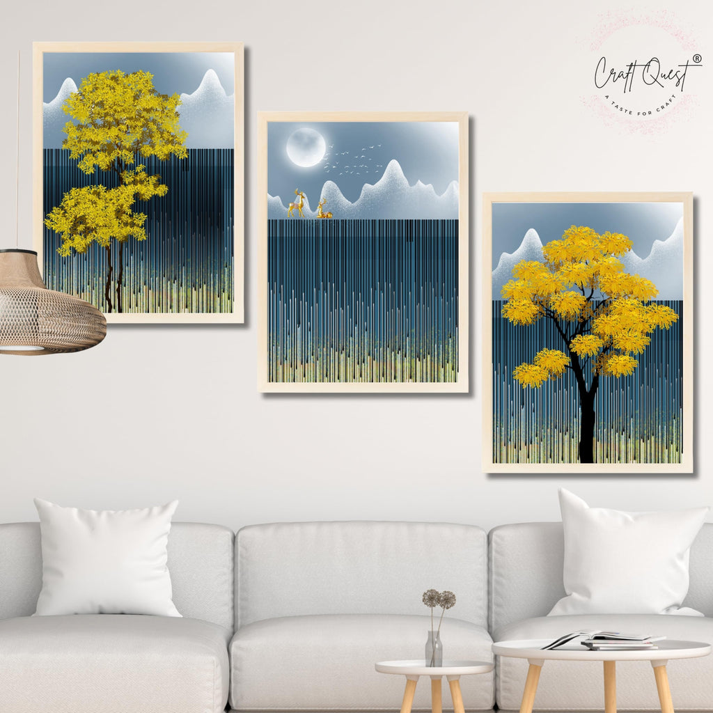 CRAFT QUEST Modern Abstract Blue Landscape Art | Set of 3 Frames for Home Decoration | Ideal for Living Room, Bedroom & Offices
