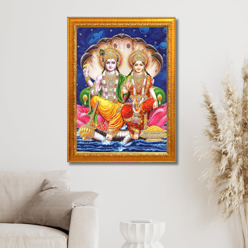 CRAFT QUEST Lord Vishnu and Goddess Lakshmi Giving Blessing on Shesh naag, Glitter Work Painting Synthetic Wood Frame