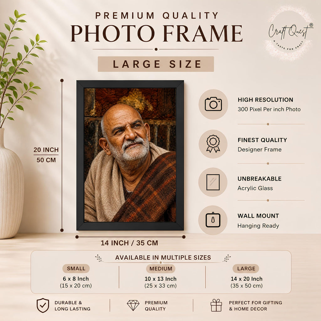 CRAFT QUEST Neem Karoli Baba Maharaj Ji Smiling Portrait Photo Frame for Wall | Spiritual Guru Religious Wall Art | Devotional Photo for Home, Mandir, Puja Room & Gifting
