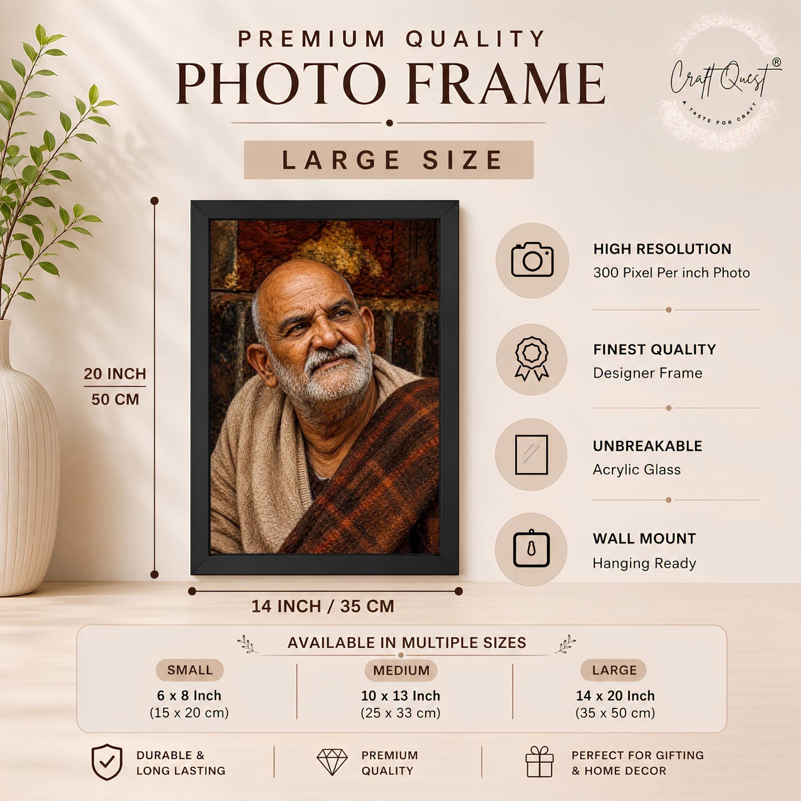CRAFT QUEST Neem Karoli Baba Maharaj Ji Smiling Portrait Photo Frame for Wall | Spiritual Guru Religious Wall Art | Devotional Photo for Home, Mandir, Puja Room & Gifting