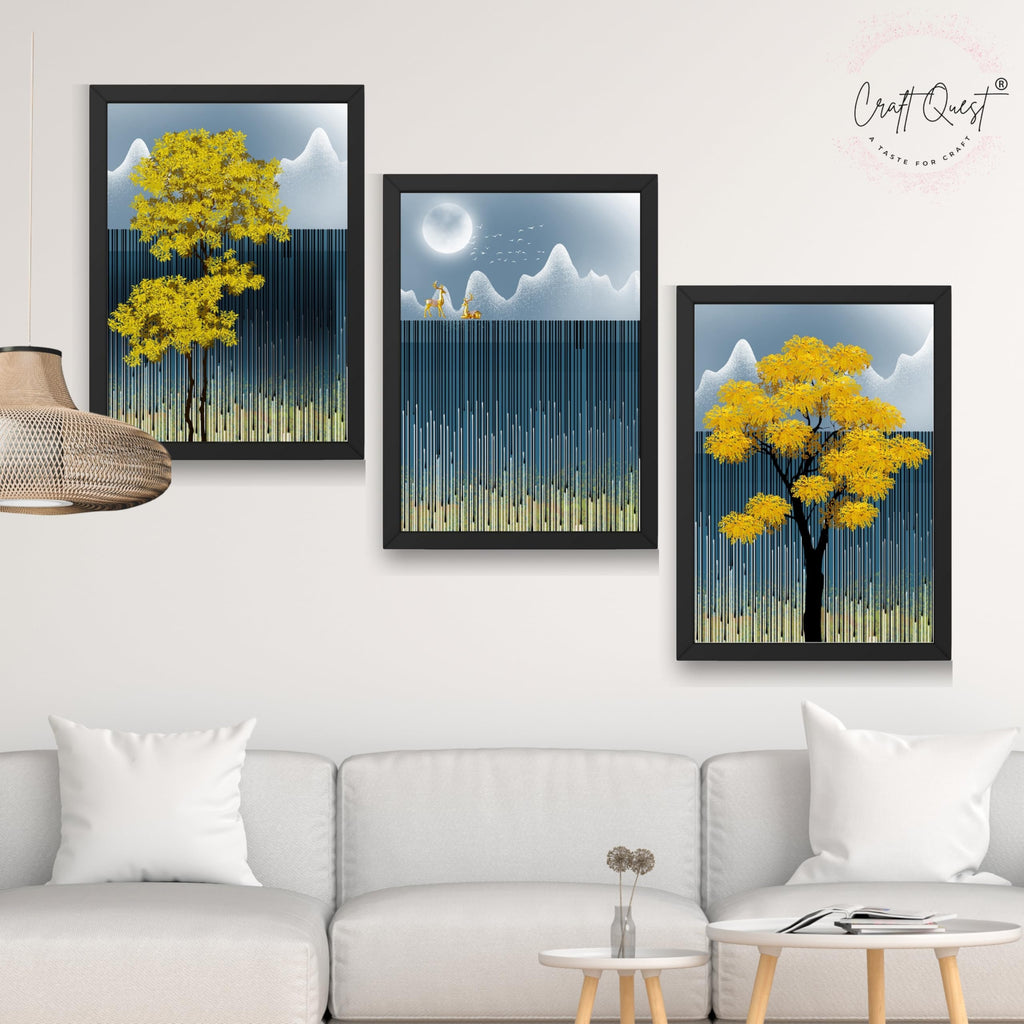 CRAFT QUEST Modern Abstract Blue Landscape Art | Set of 3 Frames for Home Decoration | Ideal for Living Room, Bedroom & Offices