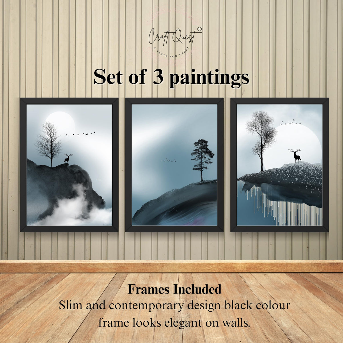 CRAFT QUEST Modern Art Geometric Ink Abstract Wall Art | Set of 3 Frames for Home Decoration | Ideal for Living Room, Bedroom & Offices