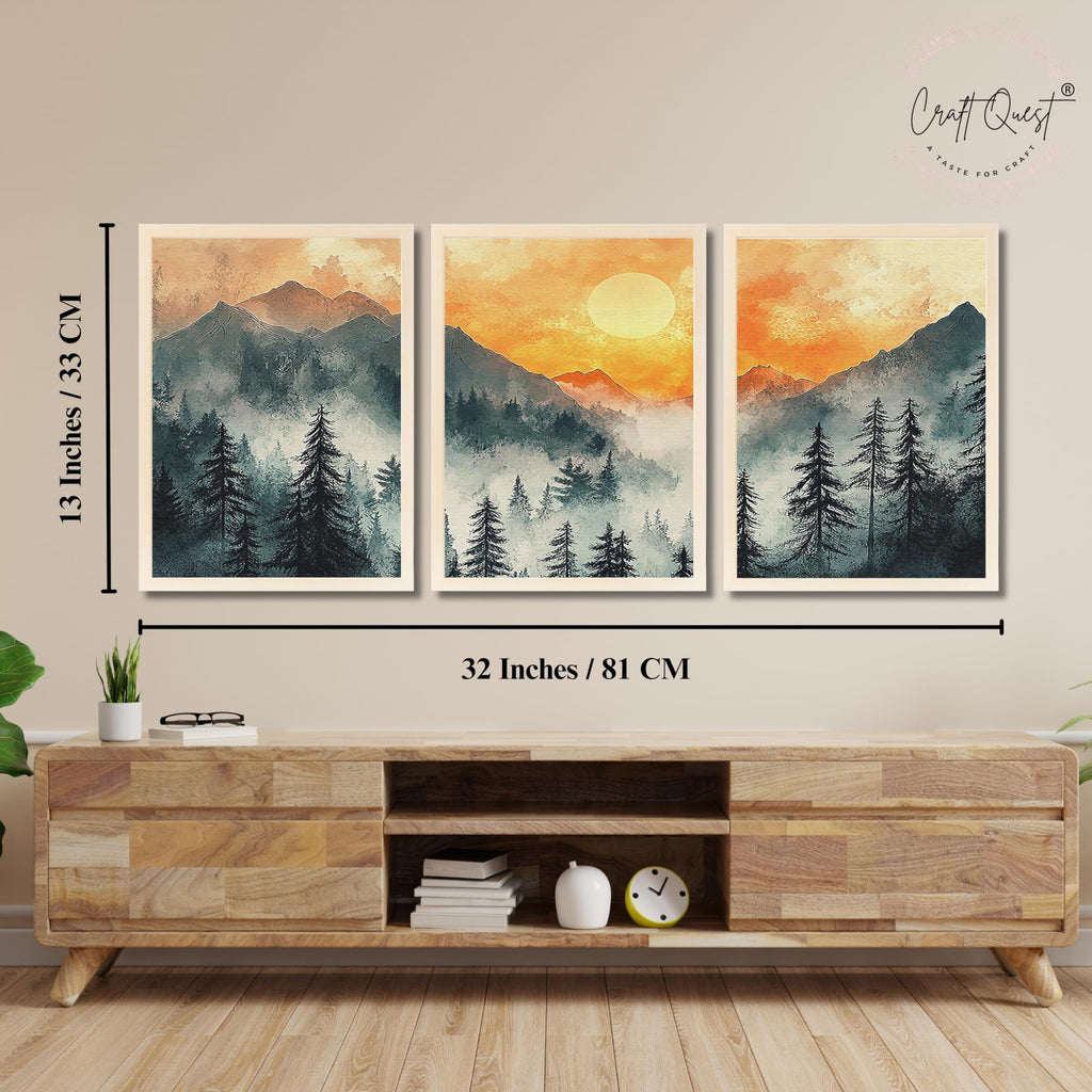 CRAFT QUEST Nature Inspired Paintings With Trees & Mountains Wall Art | Set of 3 Frames for Home Decoration | Ideal for Living Room, Bedroom & Office