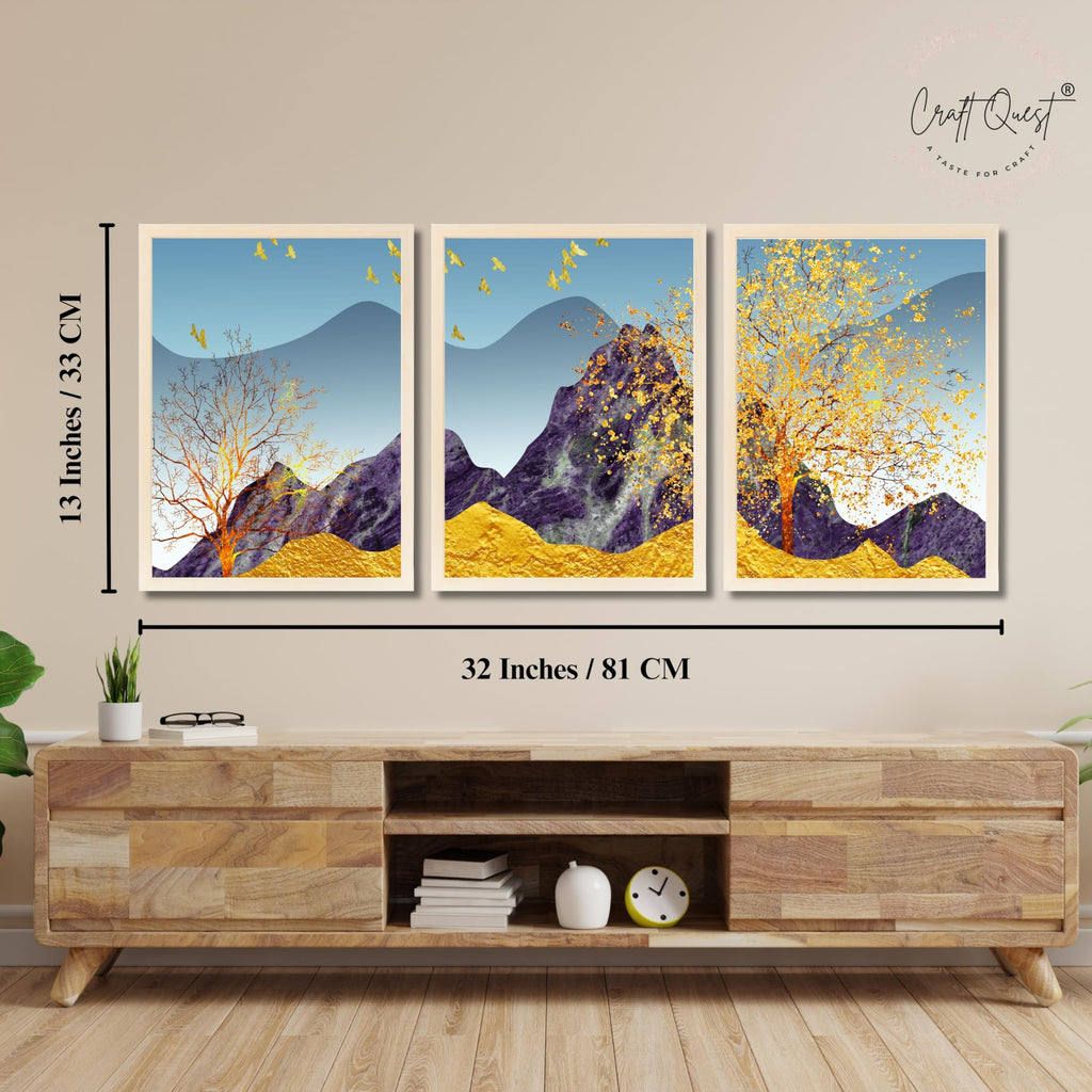 CRAFT QUEST Modern Art Abstract Porch Golden Trees Wall Art | Set of 3 Frames for Home Decoration | Ideal for Living Room, Bedroom & Offices