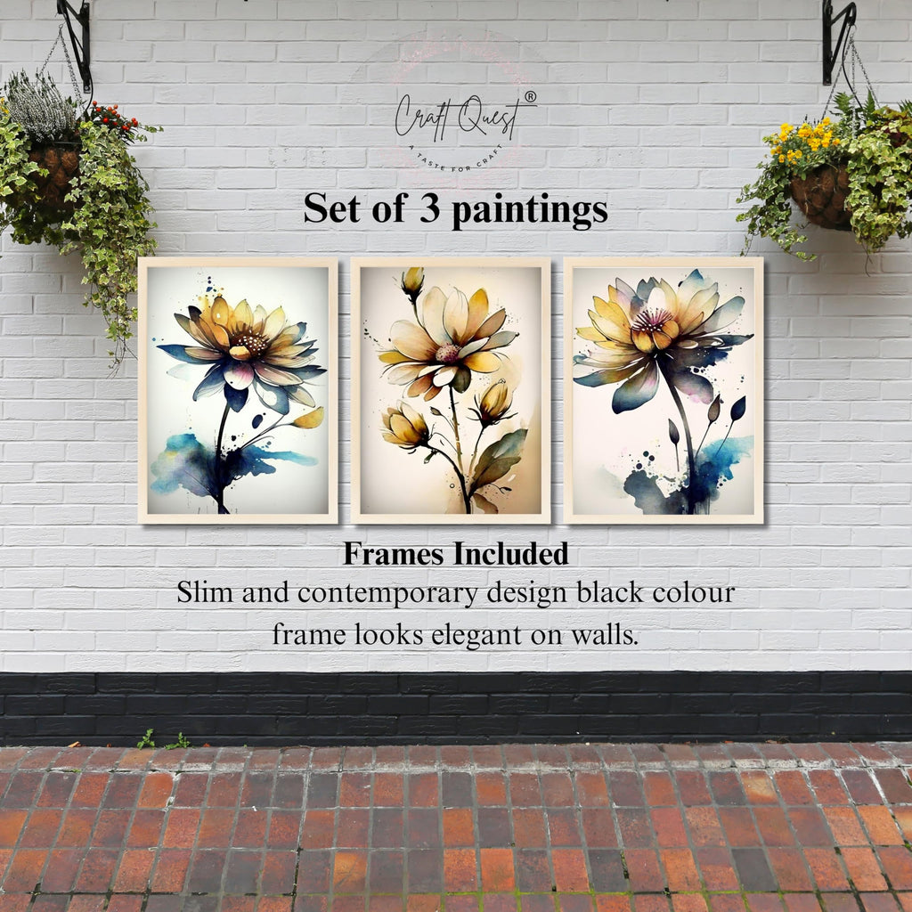 CRAFT QUEST Nature Inspired Triptych Flowers Abstract Wall Art | Set of 3 Frames for Home Decoration | Ideal for Living Room, Bedroom & Office
