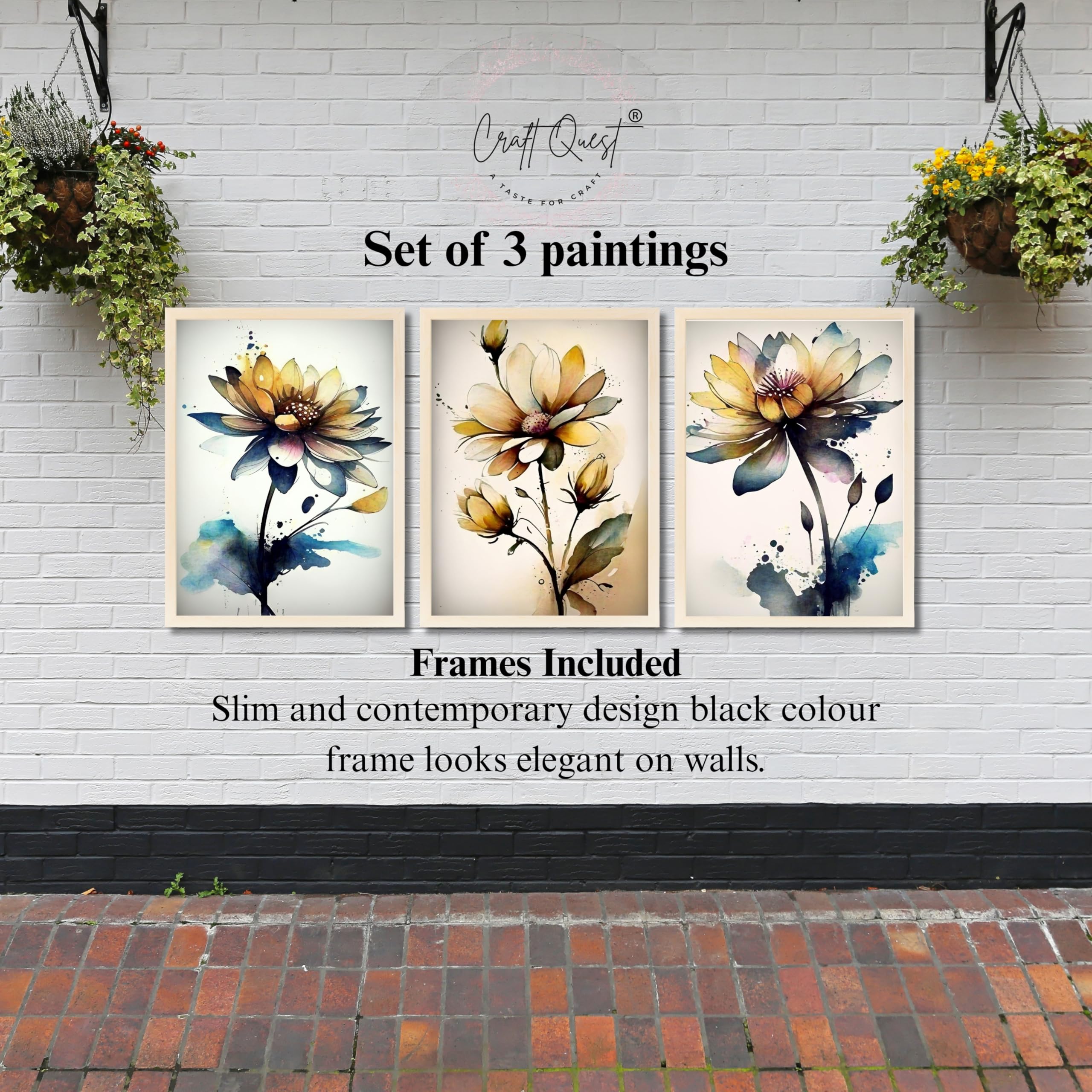 CRAFT QUEST Nature Inspired Triptych Flowers Abstract Wall Art | Set of 3 Frames for Home Decoration | Ideal for Living Room, Bedroom & Office