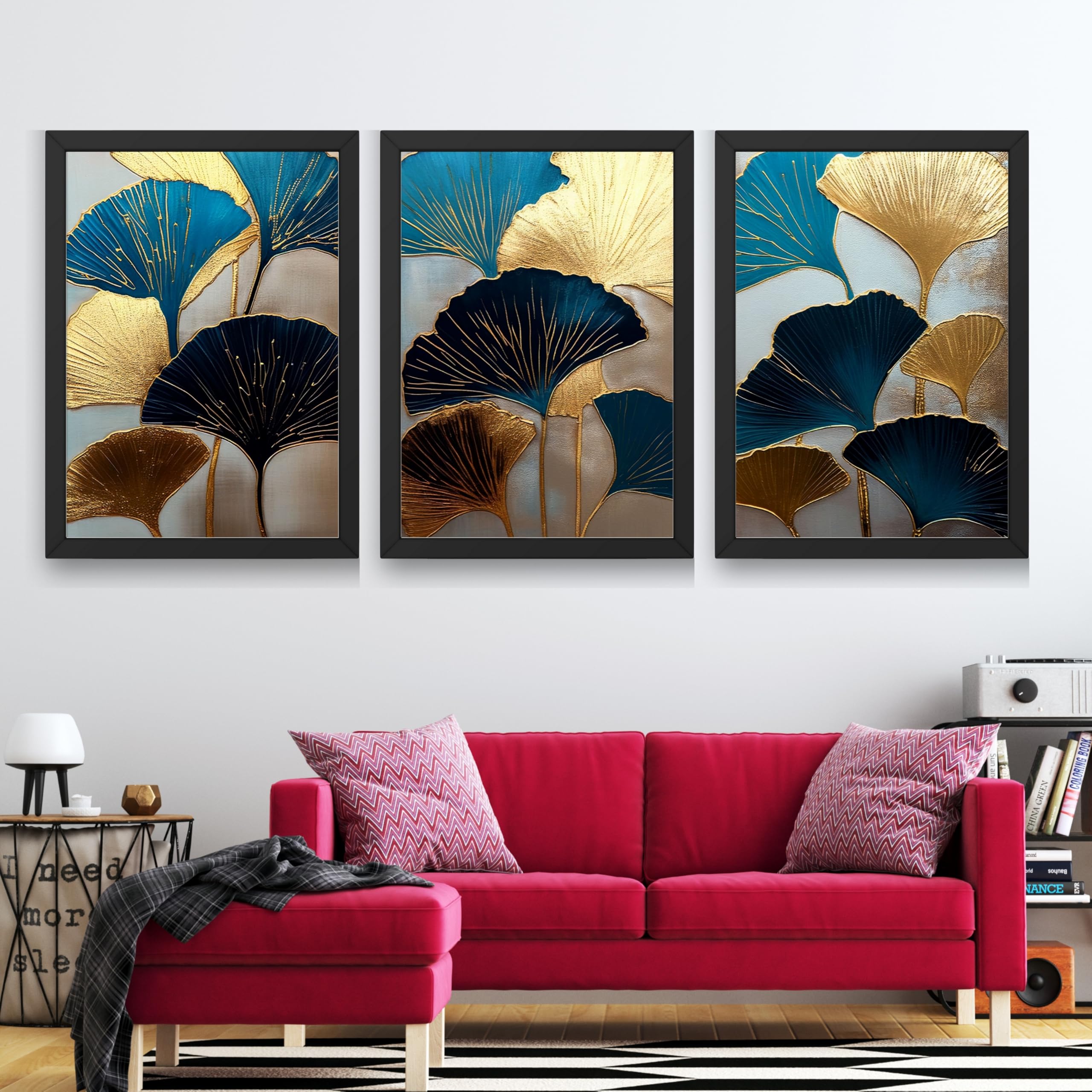 CRAFT QUEST Modern Art Abstract Aureate Geometry Wall Art | Set of 3 Frames for Home Decoration | Ideal for Living Room, Bedroom & Offices