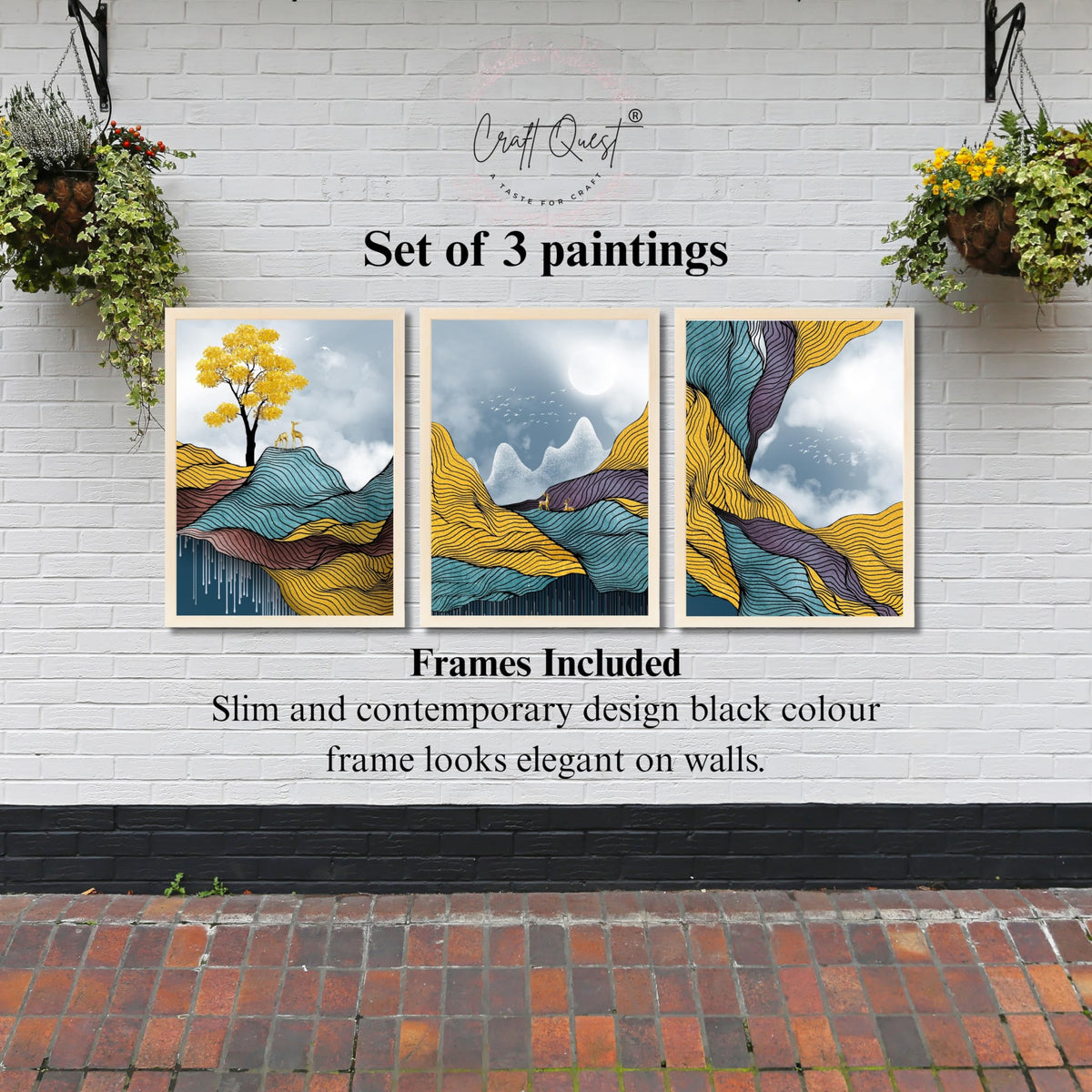 CRAFT QUEST Modern Abstract Landscape Art | Set of 3 Frames for Home Decoration | Ideal for Living Room, Bedroom & Offices