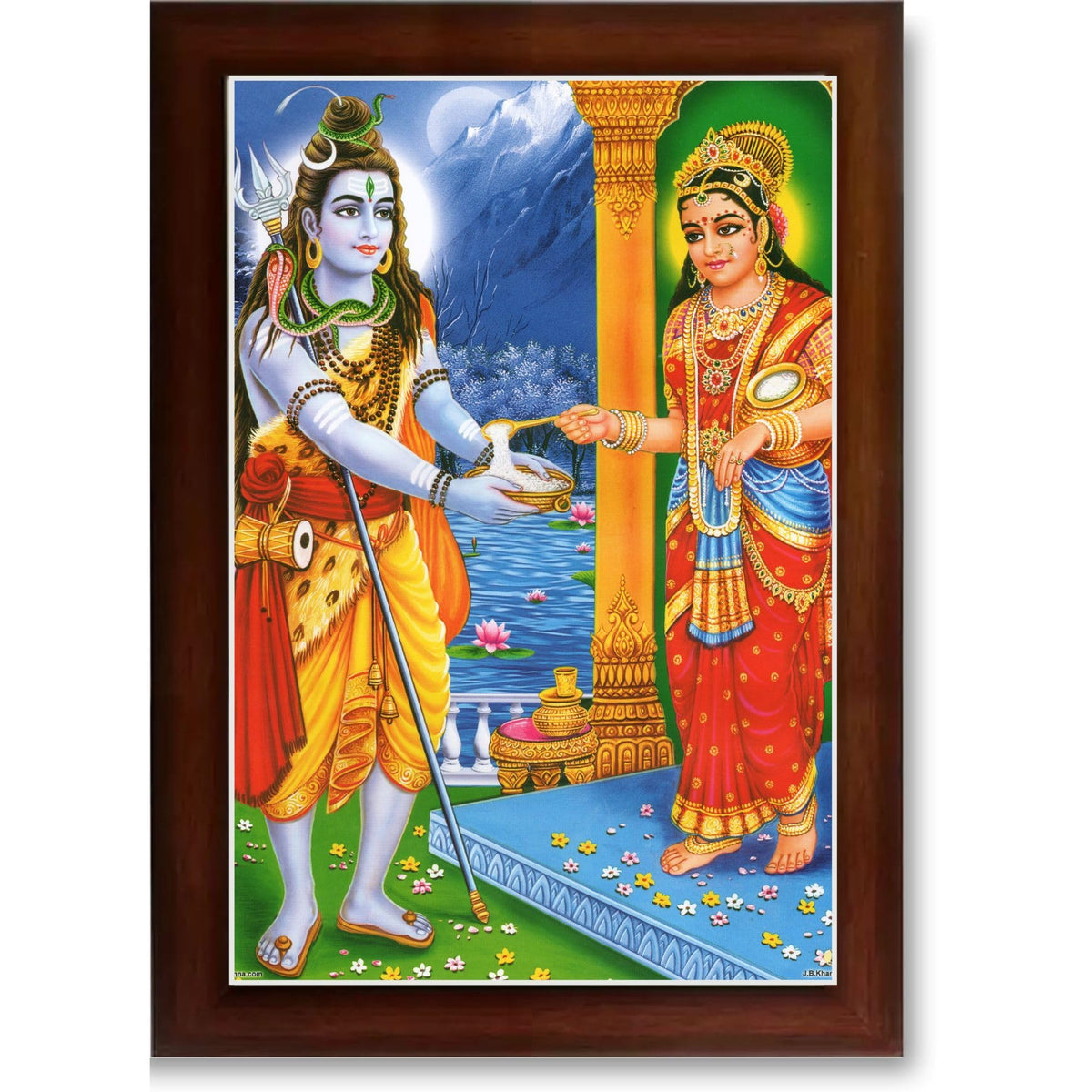 CRAFT QUEST Shiva & Maa Annapurna devi sitting on throne photo frame with Laminated Poster for Kitchen Worship