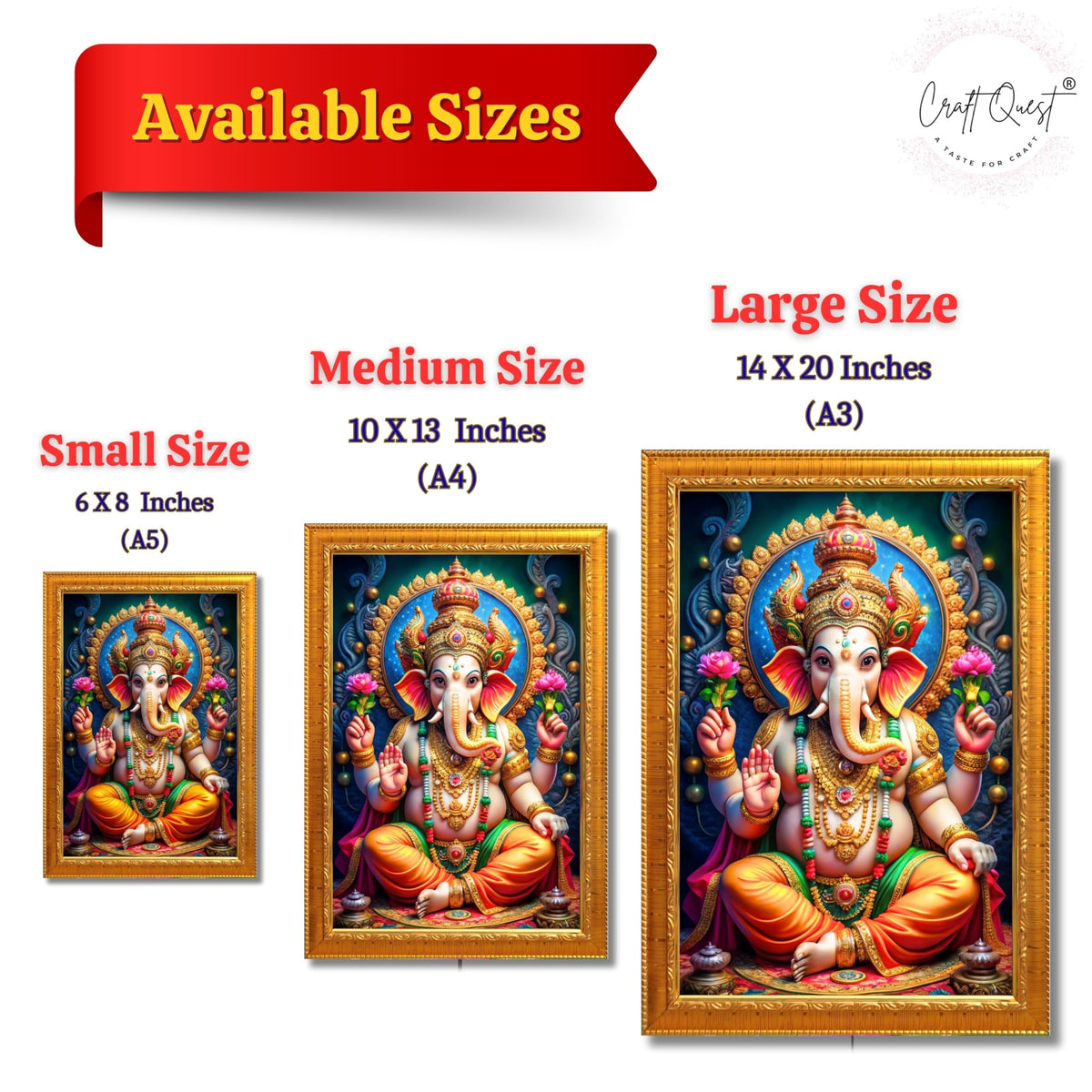 CRAFT QUEST Laminated God Ganpati ji Photo Frame Wall Decor Mandir Pooja Poster Religious Painting Divine Hindu Temple Decoration Spiritual Blessings Home Office Gift