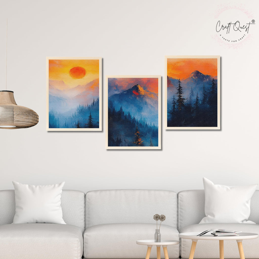 CRAFT QUEST Nature Inspired Landscape With Trees & Mountains Wall Art | Set of 3 Frames for Home Decoration | Ideal for Living Room, Bedroom & Offices