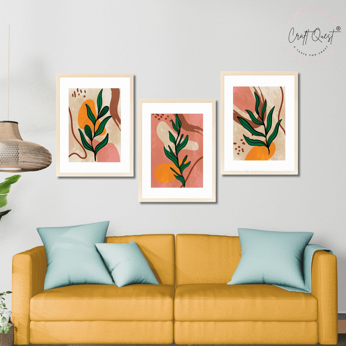 CRAFT QUEST Wall Art Decor Paintings | Set of 3 BOHO Wall Art Frames for Home Decoration | Ideal for Living Room, Bedrooms & Office