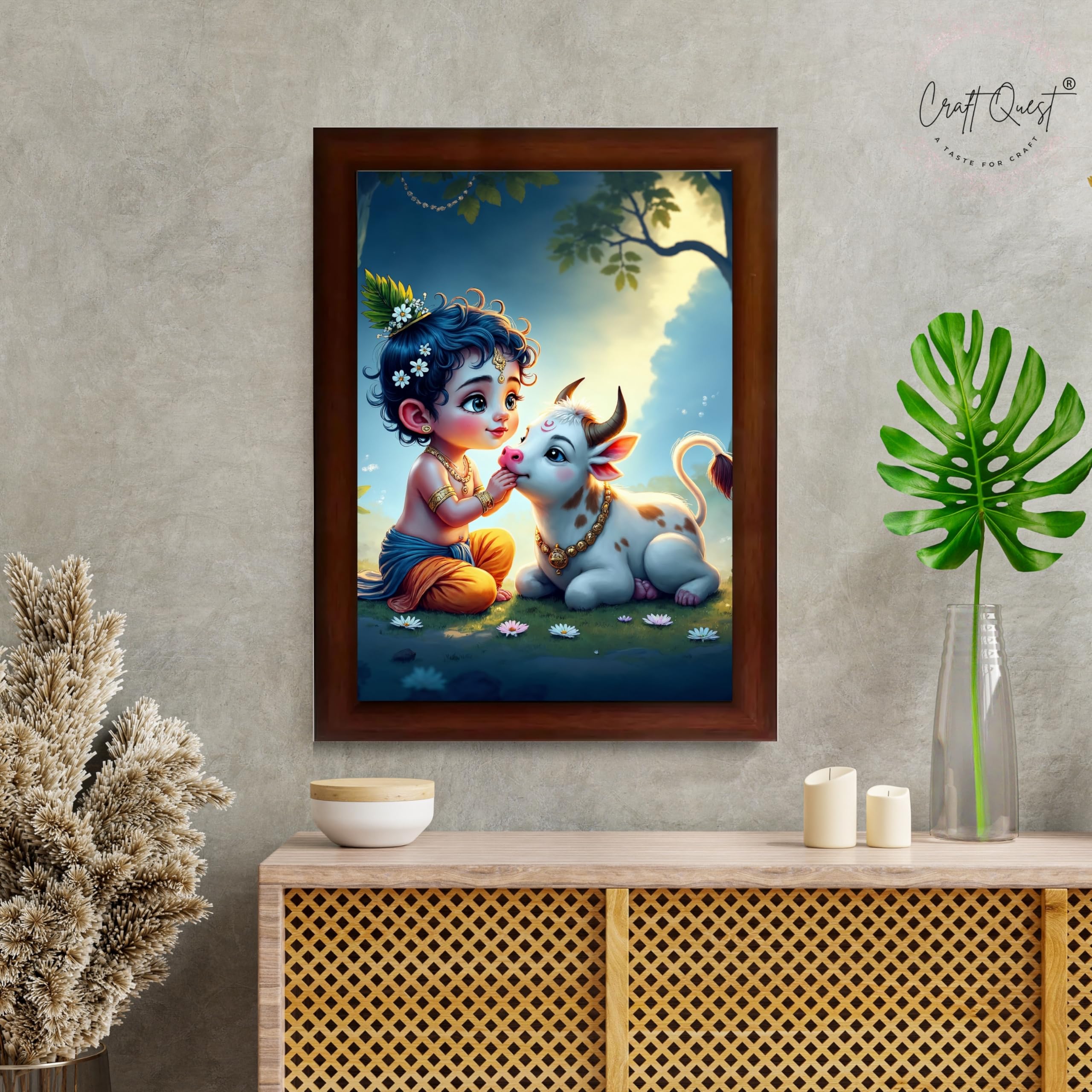 CRAFT QUEST Bal Gopal Makhan Chor Wall Photo Frame | Hindu God Kanha Devotional Home Decor | Gift Item