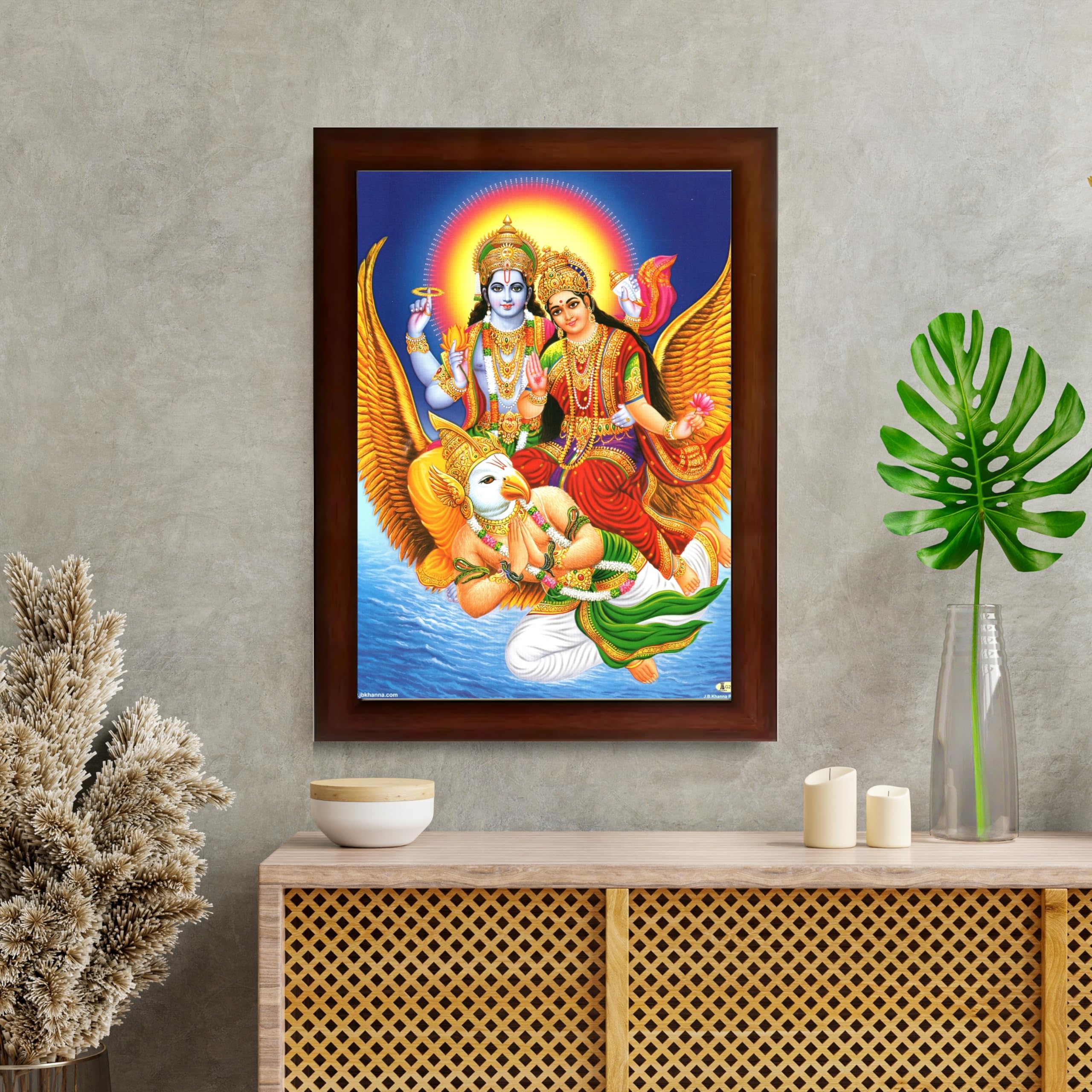CRAFT QUEST Lord Vishnu and Goddess Lakshmi Giving Blessing on Garud Jii, Glitter Work Painting wooden framed