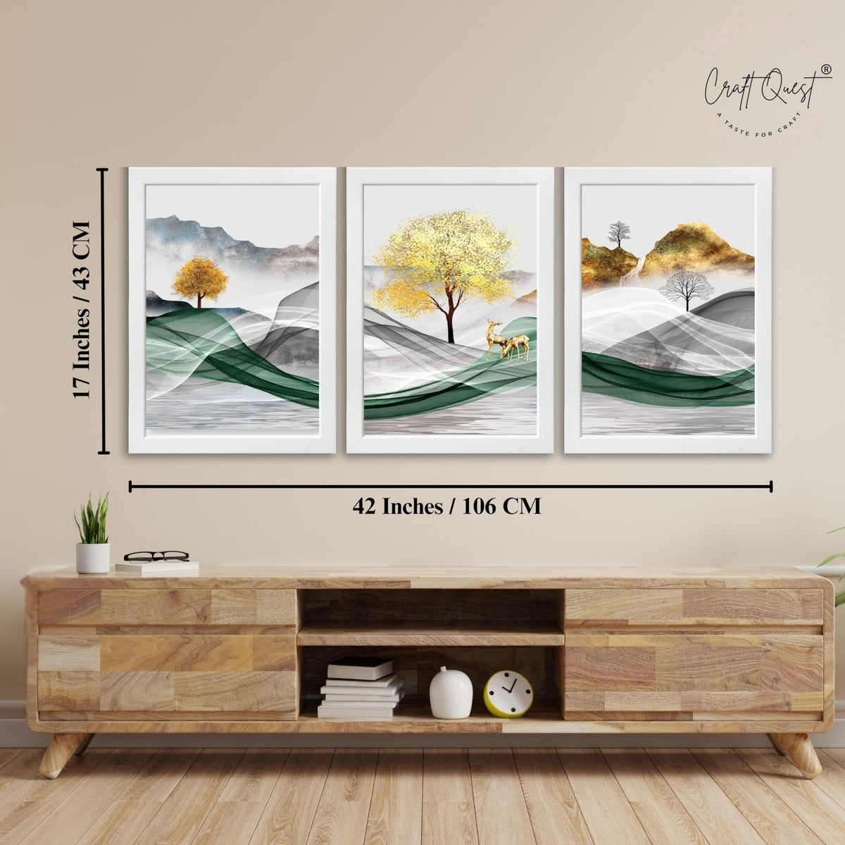 CRAFT QUEST Modern Art Landscapes Abstract Of Moose Golden Mural Wall Art | Set of 3 Frames for Home Decoration | Ideal for Living Room, Bedroom & Offices