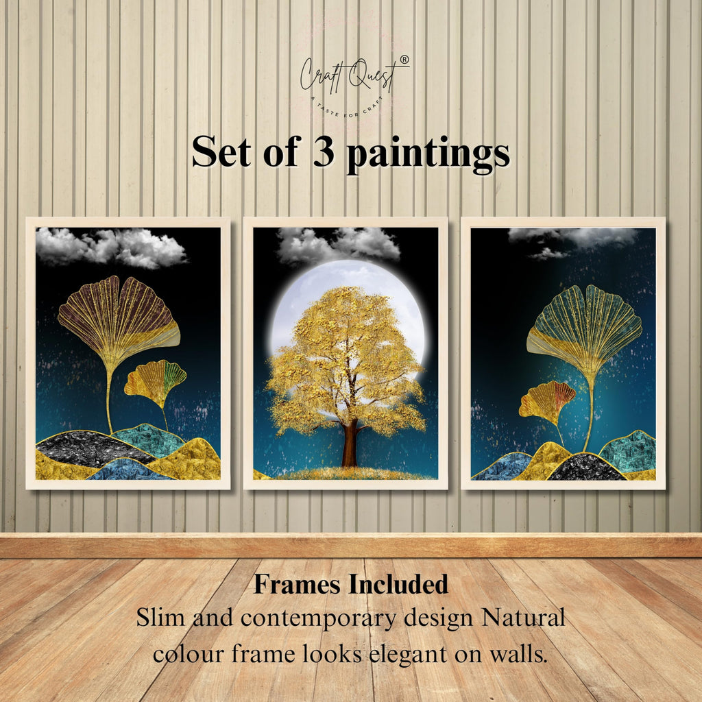 CRAFT QUEST Modern Art Mural With Golden Christmas Trees Wall Art | Set of 3 Frames for Home Decoration | Ideal for Living Room, Bedroom & Offices