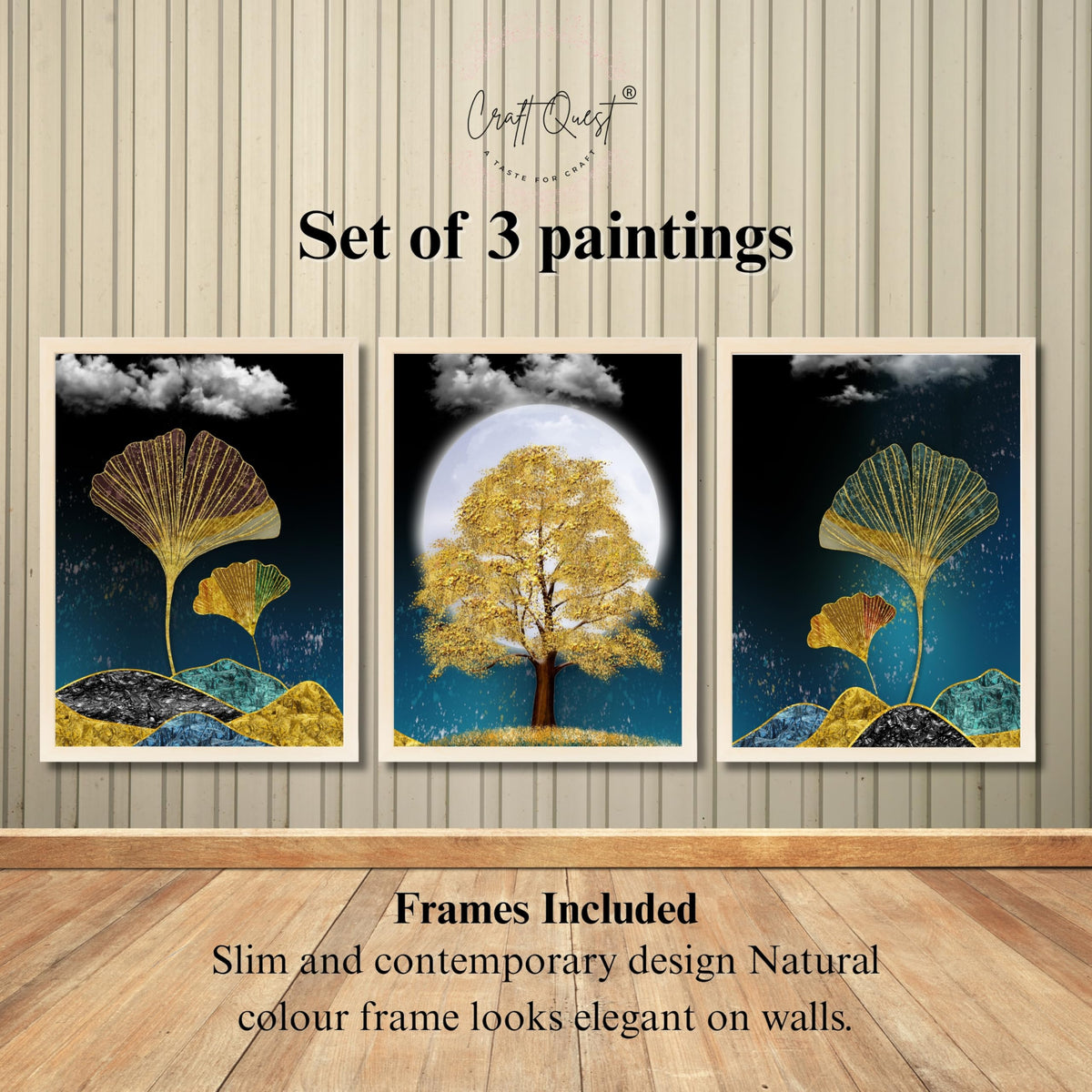 CRAFT QUEST Modern Art Mural With Golden Christmas Trees Wall Art | Set of 3 Frames for Home Decoration | Ideal for Living Room, Bedroom & Offices