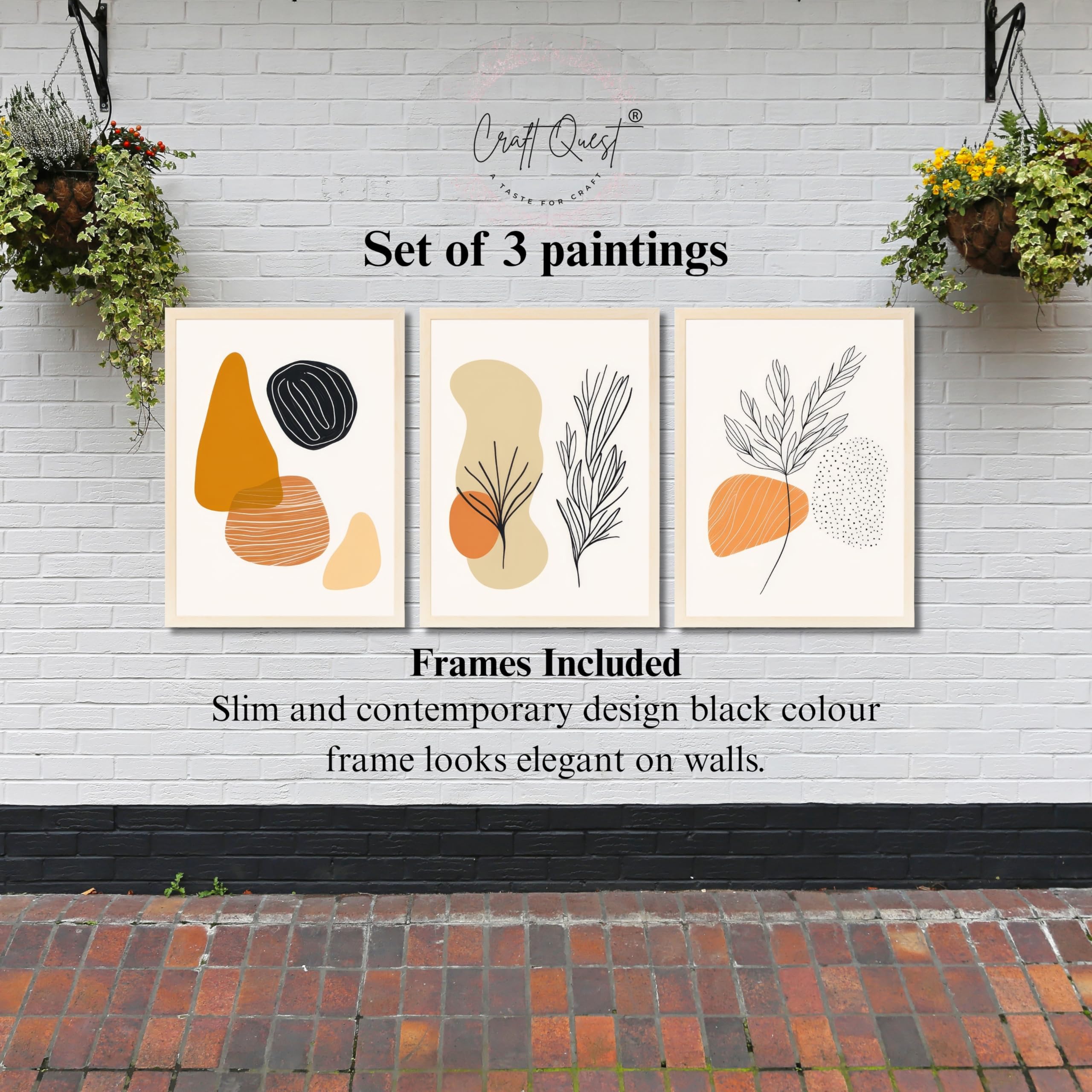 CRAFT QUEST Organic Abstract Line Art Modern Art | Set of 3 Frames for Home Decoration | Ideal for Living Room, Bedroom & Offices