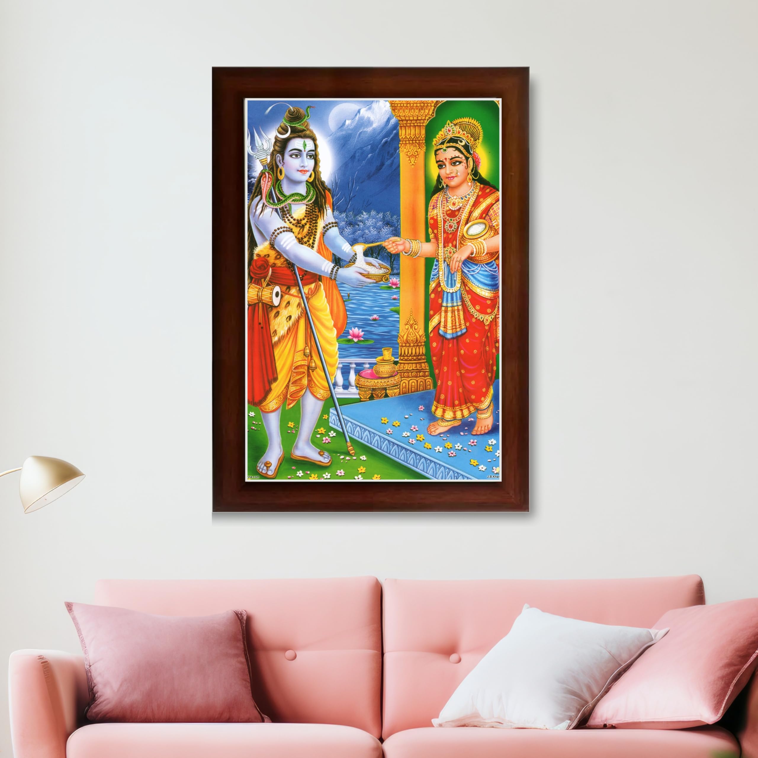 CRAFT QUEST Shiva & Maa Annapurna devi sitting on throne photo frame with Laminated Poster for Kitchen Worship