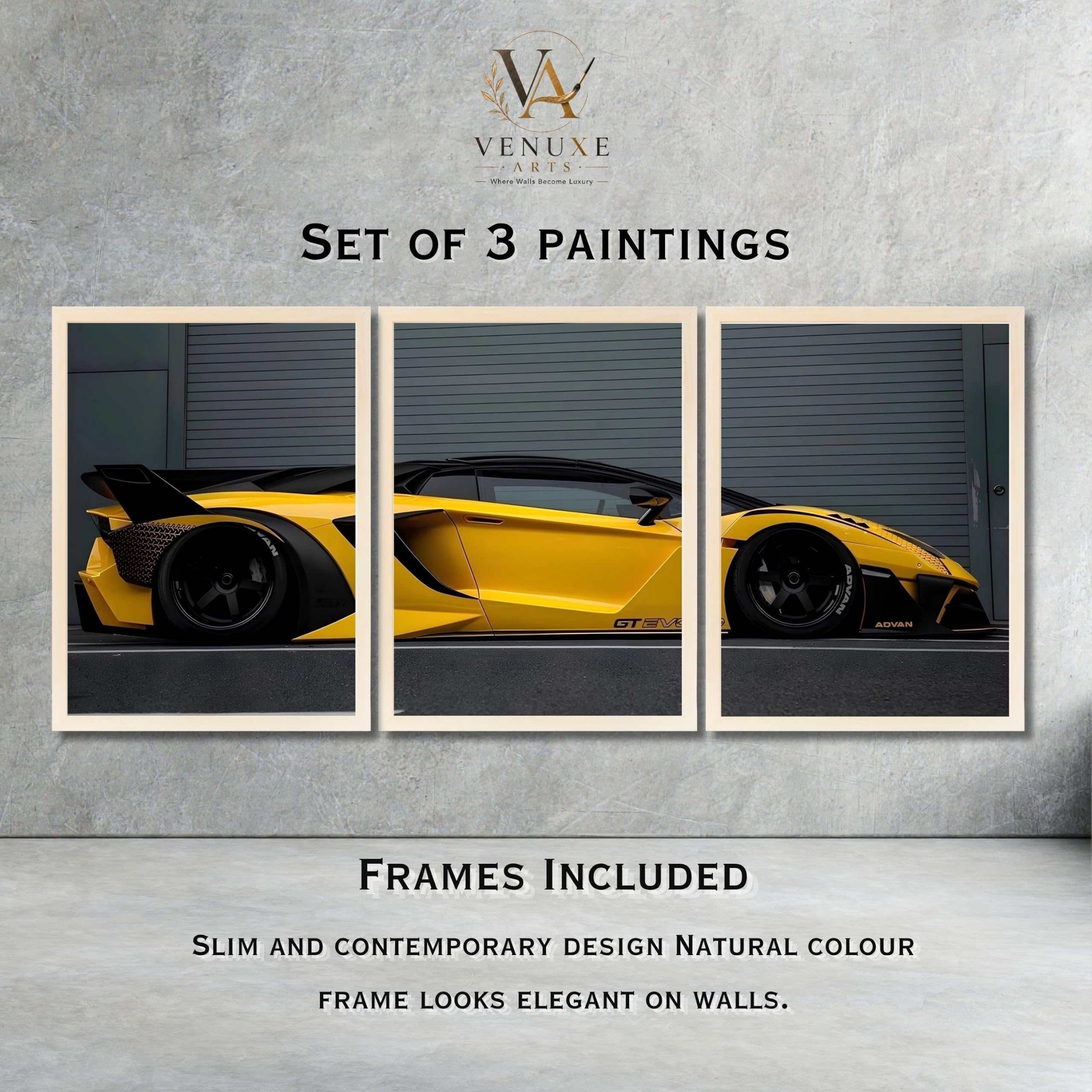 VENUXE ARTS Set Of 3 Big Sports Cars Framed Posters Gift Items for Boys Room Wall Decoration Bedroom Living Room Office Studio Décor | Car Poster Frame for Wall Décor