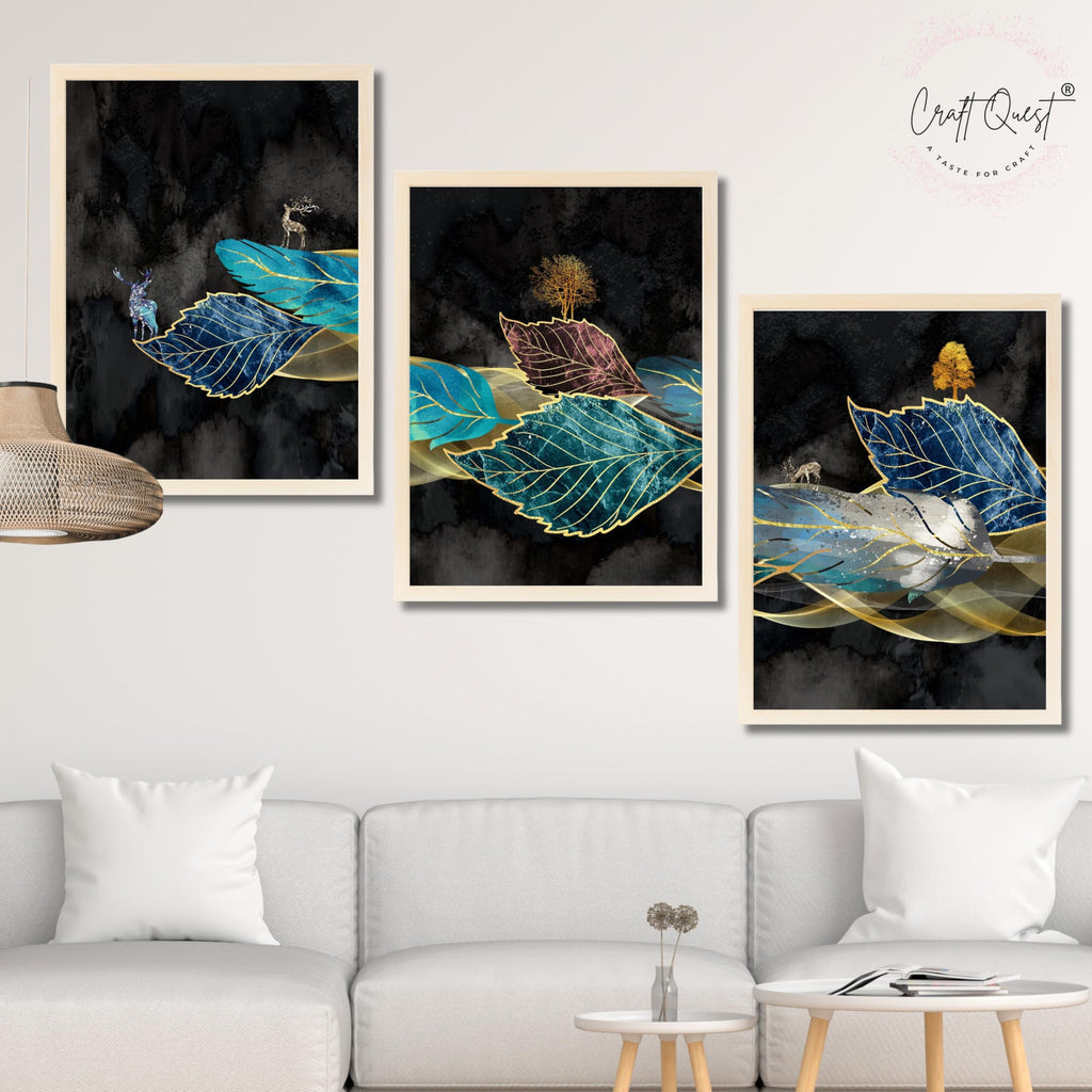 CRAFT QUEST Modern Art Blue,Turquoise & Red Leaves Wall Art | Set of 3 Frames for Home Decoration | Ideal for Living Room, Bedroom & Offices
