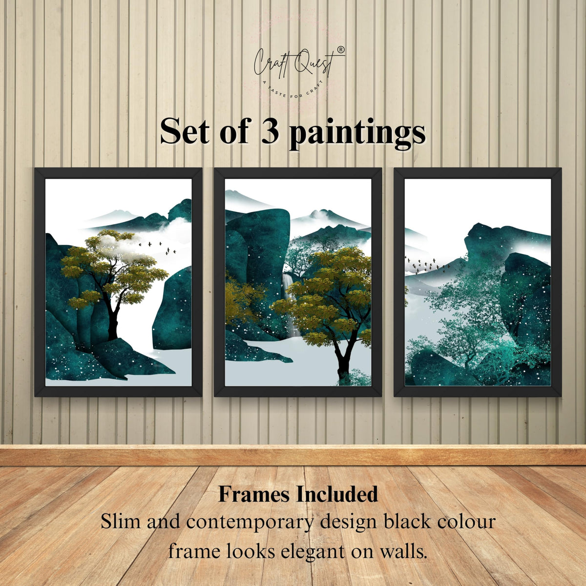 CRAFT QUEST Modern Art Ink Landscape Wall Art | Set of 3 Frames for Home Decoration | Ideal for Living Room, Bedroom & Offices