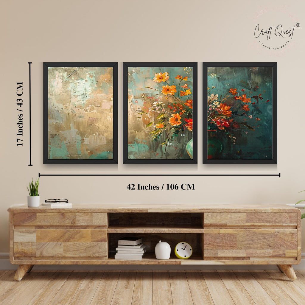 CRAFT QUEST Nature Inspired Paintings Of Flowers Wall Art | Set of 3 Frames for Home Decoration | Ideal for Living Room, Bedroom & Office