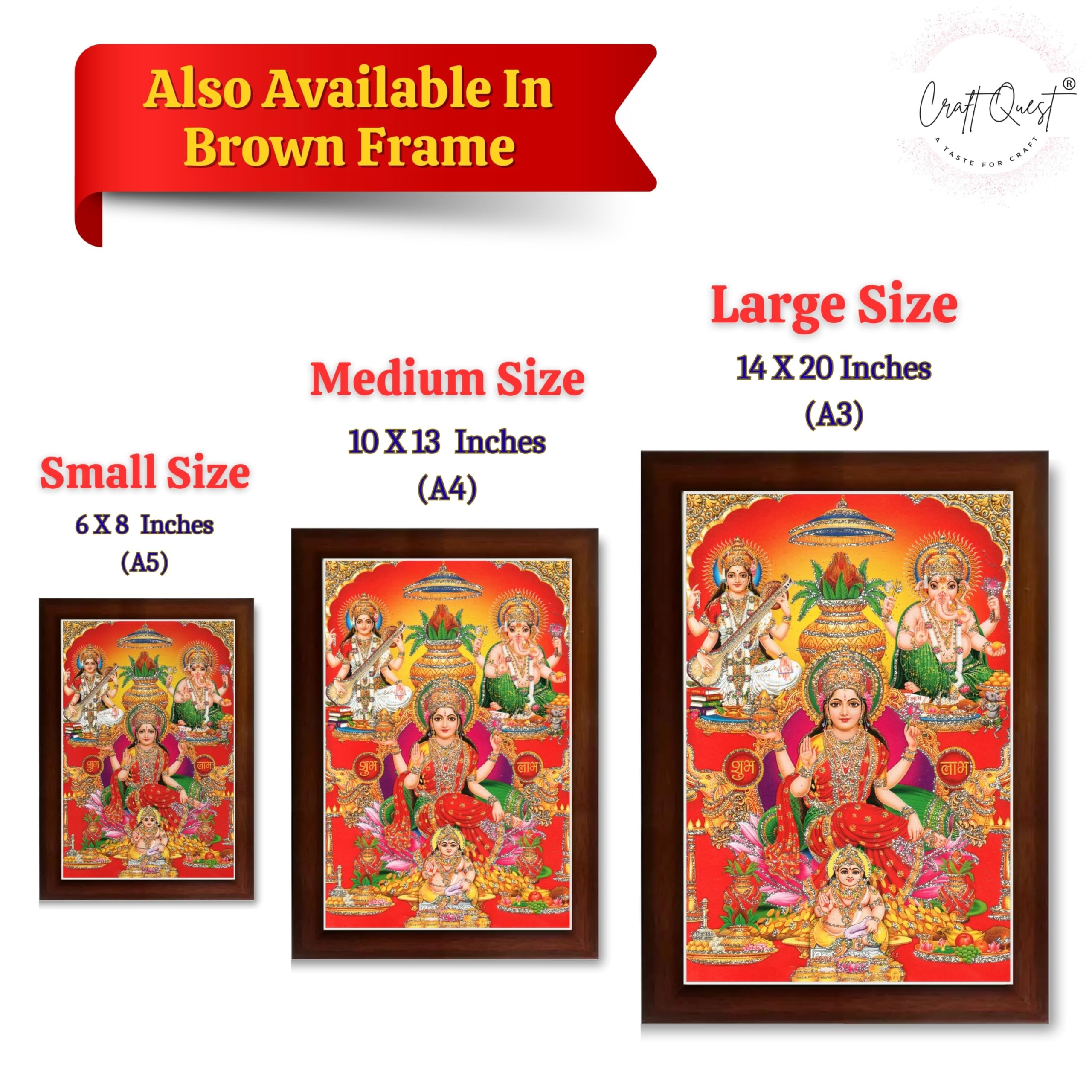 CRAFT QUEST Lord Laxmi Ganesh Saraswati Ji Religious Hindu Photo Frame for Wall, Table, Office, Temple, Pooja, Living Room and Home Decor Item