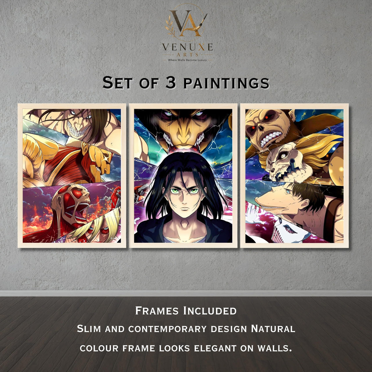 VENUXE ARTS Set Of 3 Anime Characters Wall Framed |Anime Characters Framed Poster for Living Room Bedroom Gaming Room Studio Wall Decor