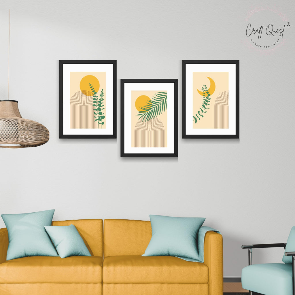 CRAFT QUEST Wall Art Decor Paintings | Set of 3 BOHO Wall Art Frames for Home Decoration | Ideal for Living Room, Bedroom & Office