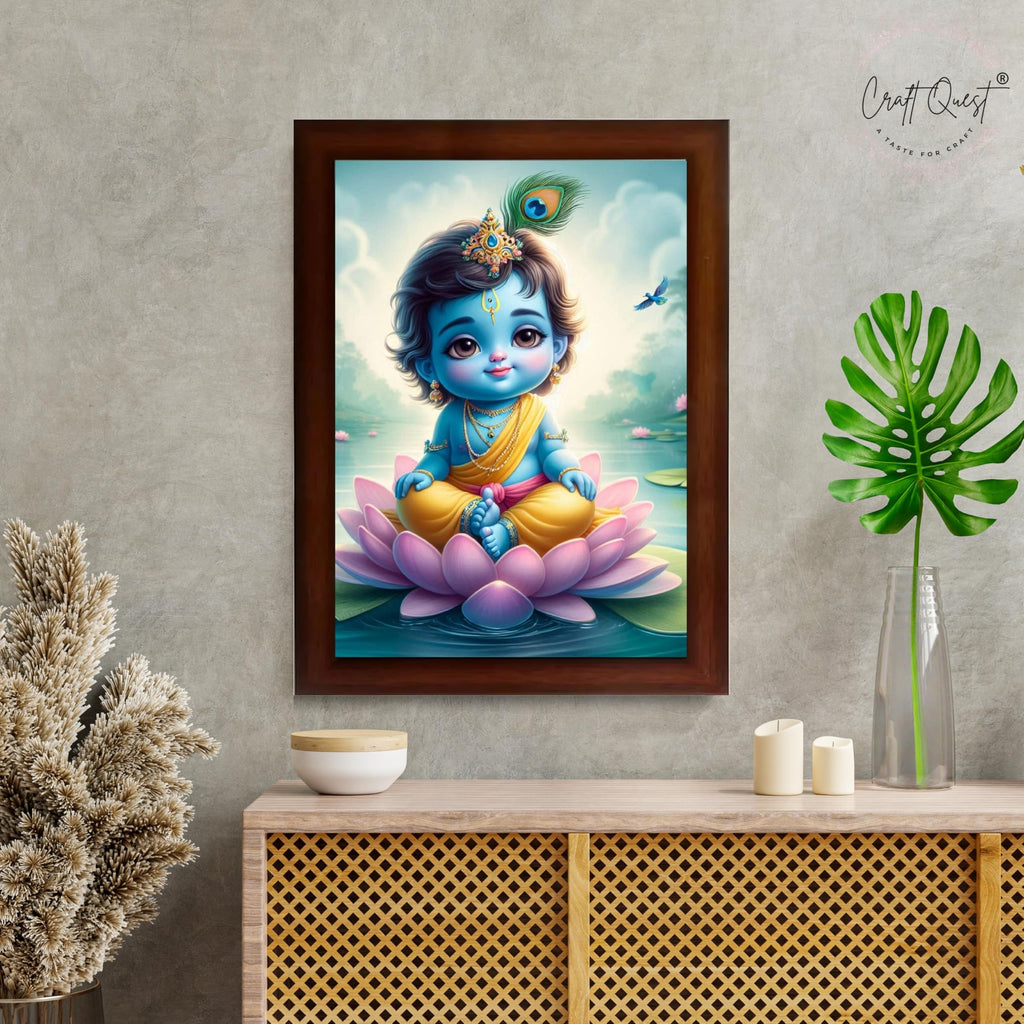 CRAFT QUEST Cute Baby Krishna HD Print | Little Krishna Frame for Home Temple, Office Desk, Décor Item