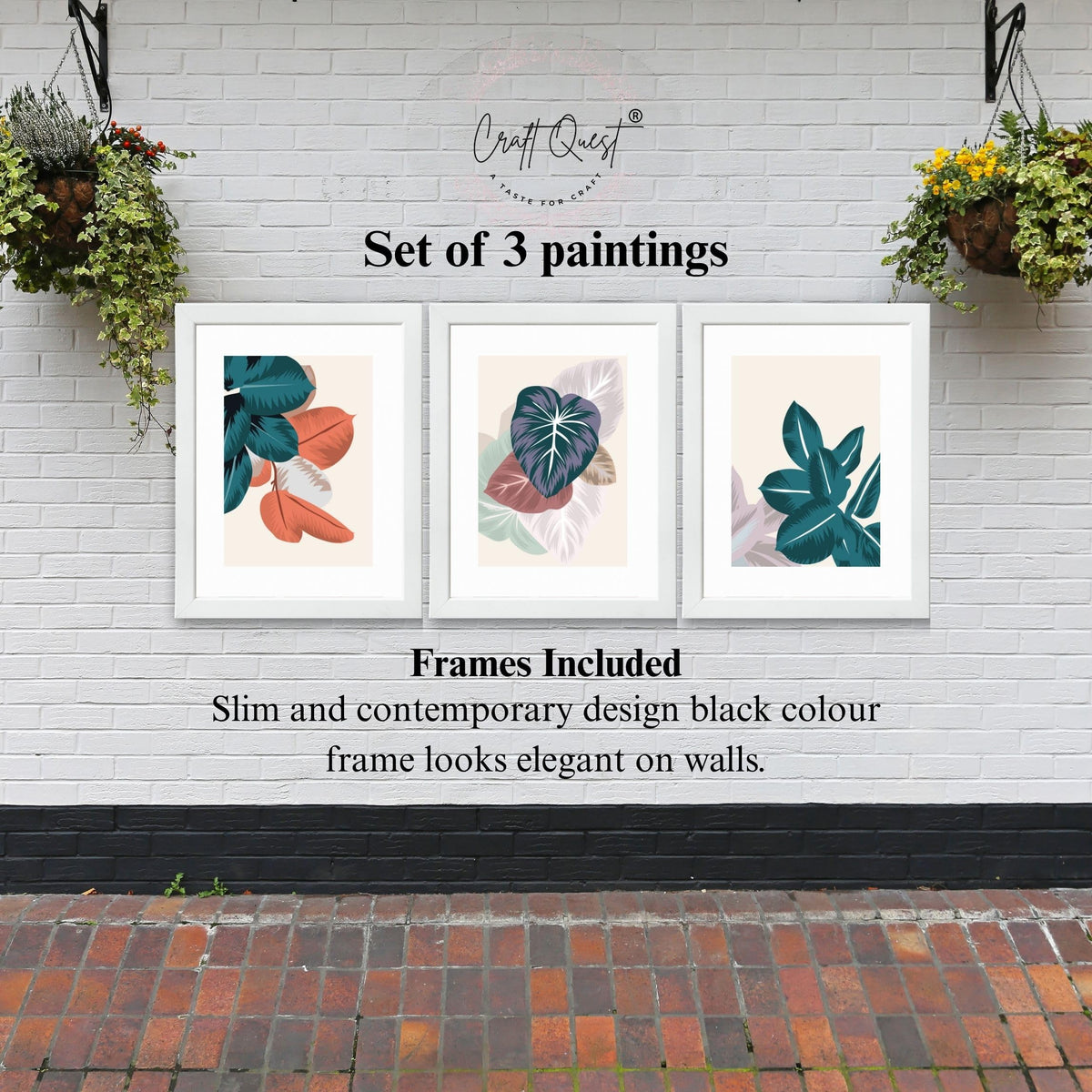 CRAFT QUEST Wall Art Decor Paintings | Set of 3 FLORAL Wall Art Frames for Home Decoration | Ideal for Living Room, Bedroom & Offices
