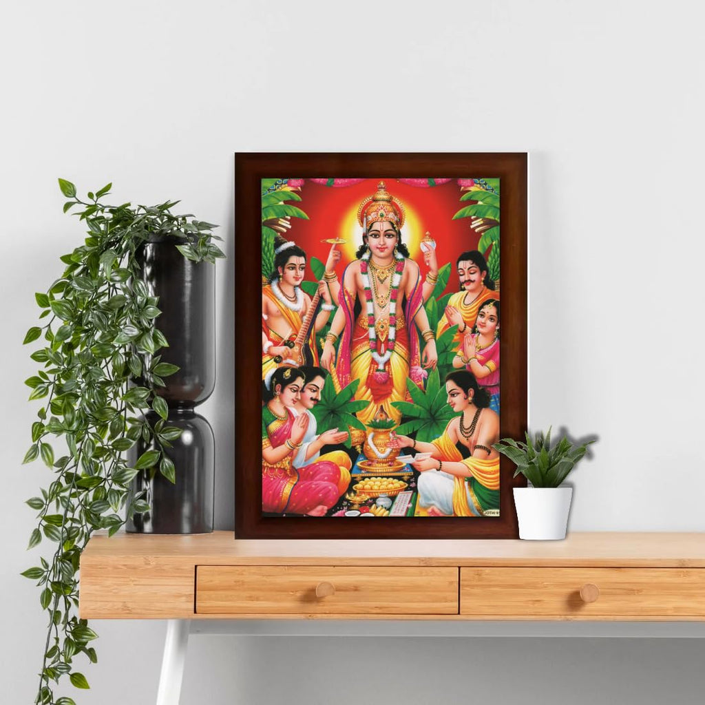 CRAFT QUEST Lord Satyanarayana Swamy Bhagwan Satyanarayan Wall Painting Framed Home Decor (Wood, Matte Finish, Brown Frame, 10 X 13 Inch)