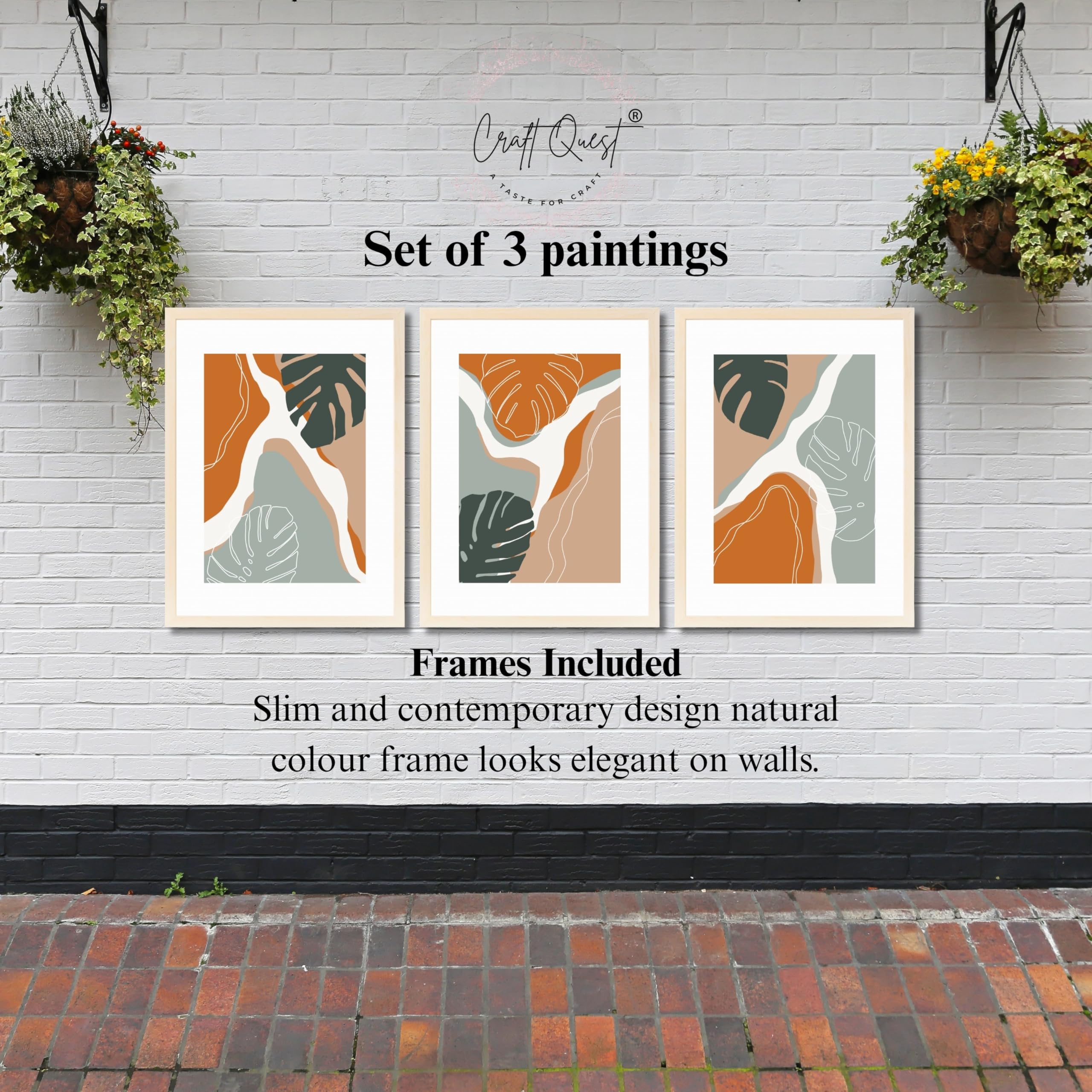 CRAFT QUEST SET OF 3 Organic Modern Leaf Wall Art | Set of 3 Frames for Home Decoration | Ideal for Living Room, Bedroom & Offices