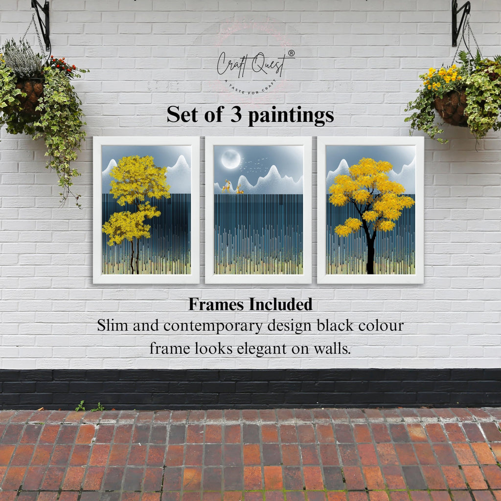 CRAFT QUEST Modern Abstract Blue Landscape Art | Set of 3 Frames for Home Decoration | Ideal for Living Room, Bedroom & Offices
