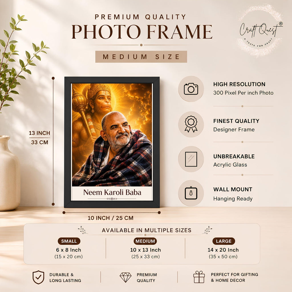 CRAFT QUEST Neem Karoli Baba Maharaj Ji Smiling Portrait Photo Frame for Wall | Spiritual Guru Religious Wall Art | Devotional Photo for Home, Mandir, Puja Room & Gifting