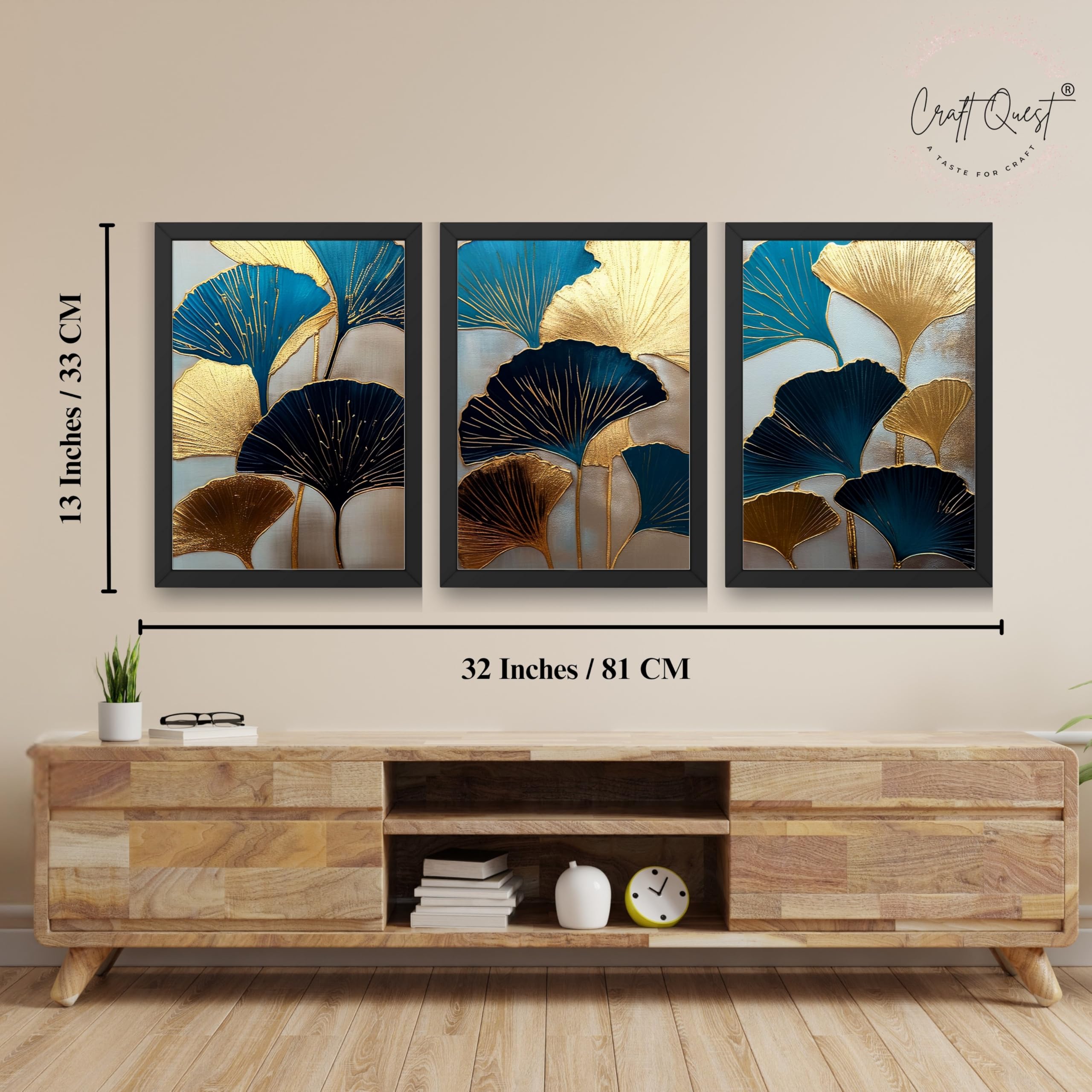 CRAFT QUEST Modern Art Abstract Aureate Geometry Wall Art | Set of 3 Frames for Home Decoration | Ideal for Living Room, Bedroom & Offices