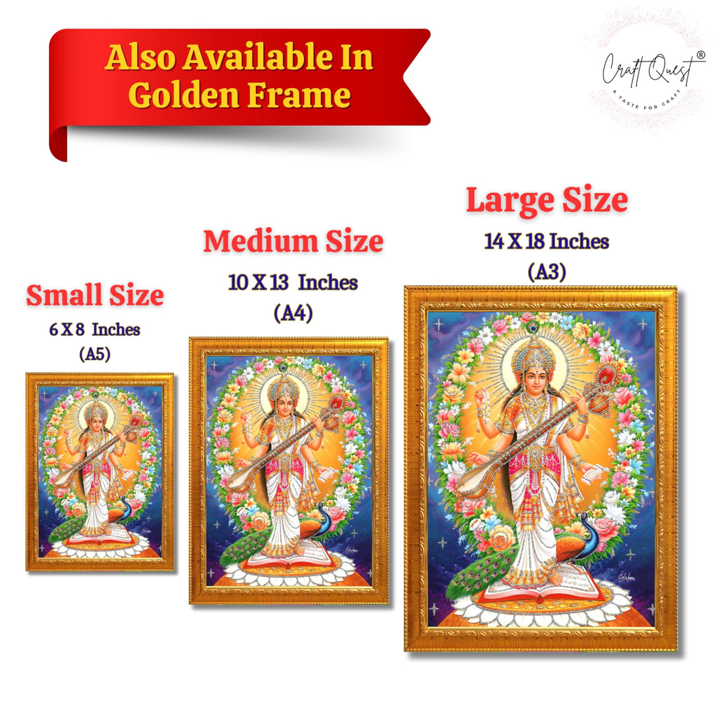 CRAFT QUEST Saraswati Devi Goddess Saraswati Maa Wall Painting Sparkle Coated Framed Home Decor wooden framed