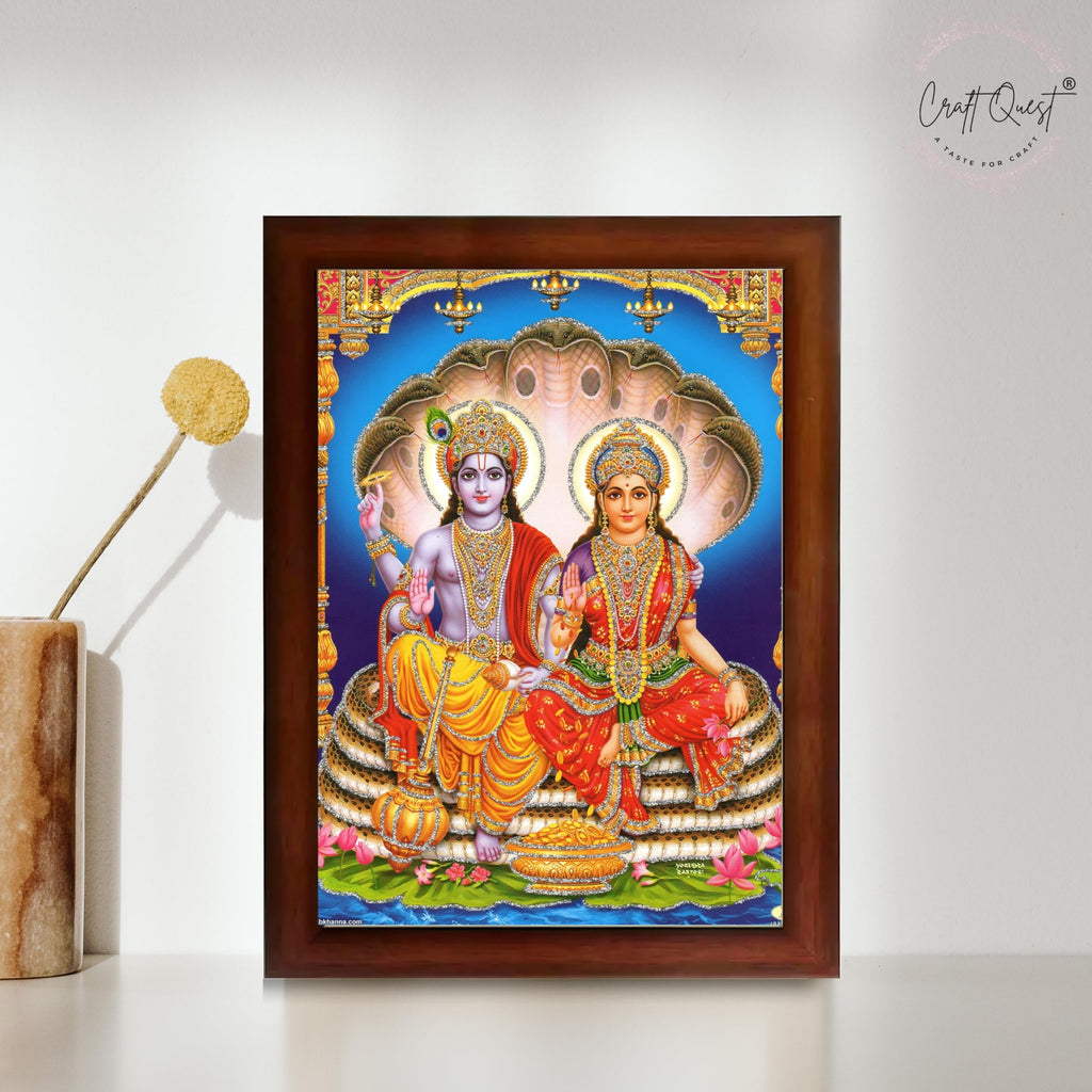 CRAFT QUEST Lord Vishnu and Goddess Lakshmi Giving Blessing on Shesh naag Glitter Painting with Golden Synthetic Frame