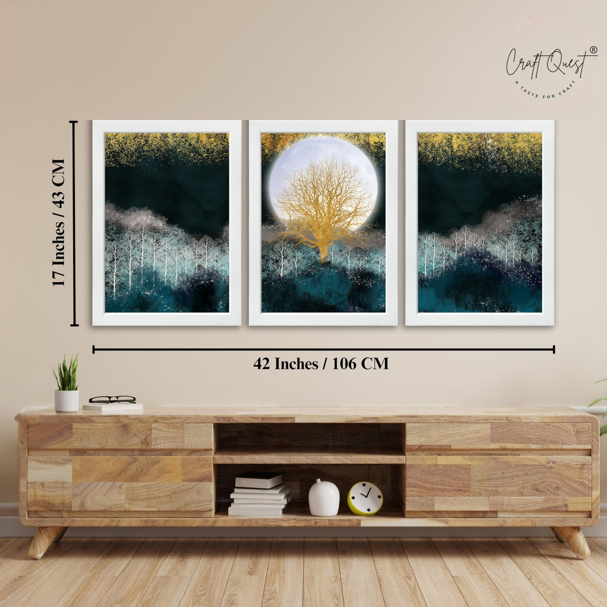 CRAFT QUEST Modern Art Christmas Trees & Mountains Landscape Wall Art | Set of 3 Frames for Home Decoration | Ideal for Living Room, Bedroom & Offices