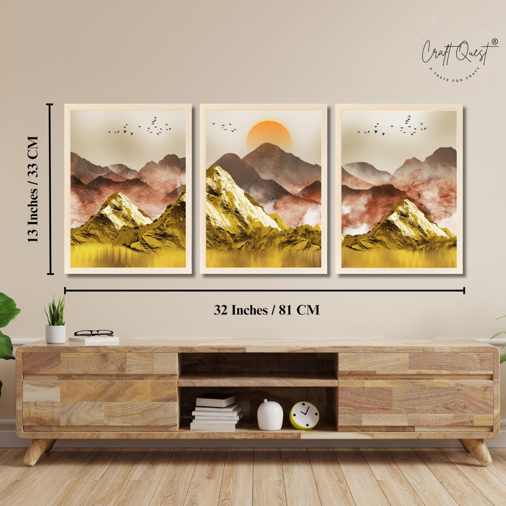 CRAFT QUEST Modern Art Mural Landscape Golden Mountains & Birds Wall Art | Set of 3 Frames for Home Decoration | Ideal for Living Room, Bedroom & Offices