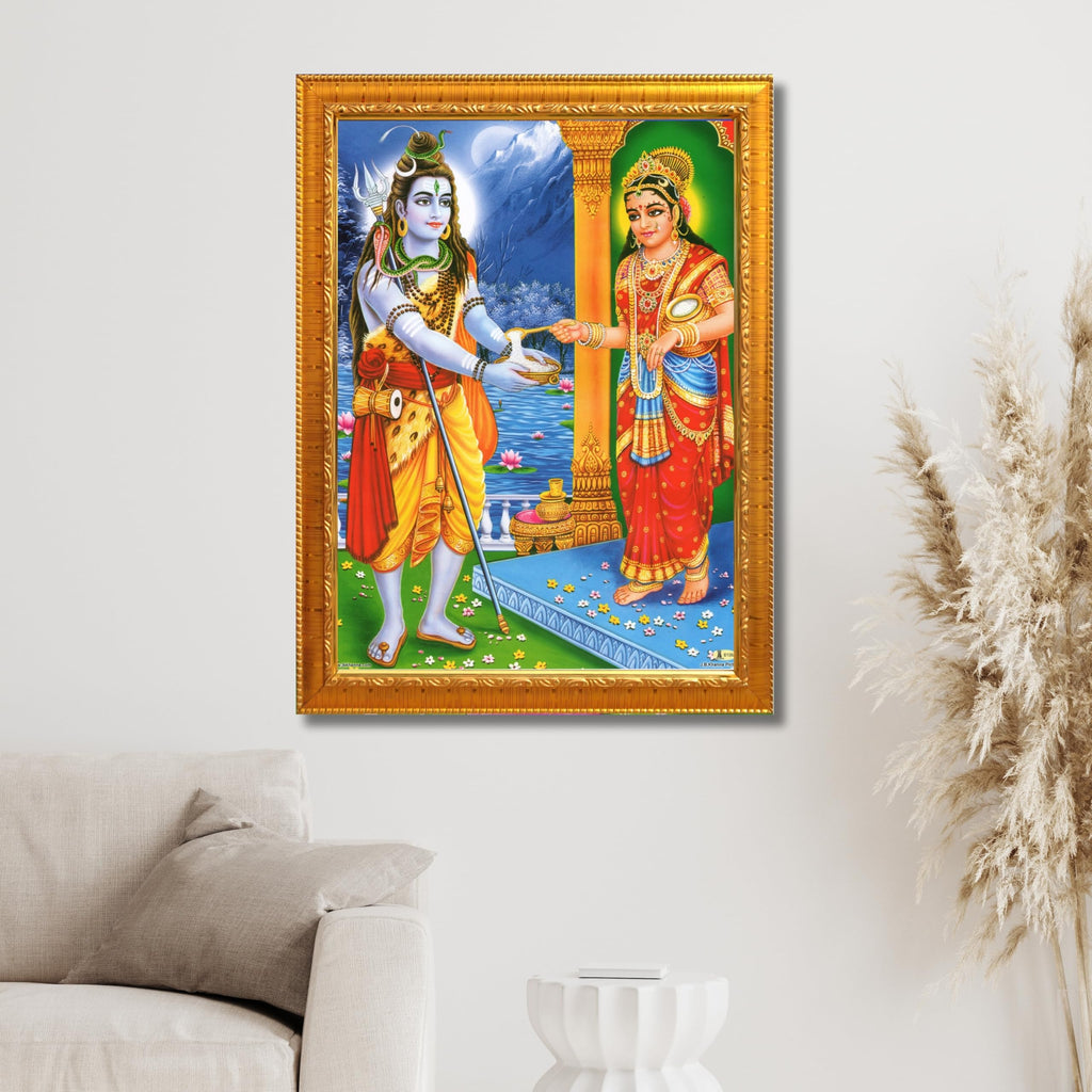 CRAFT QUEST Shiva & Maa Annapurna devi sitting on throne photo frame with Laminated Poster for Kitchen Worship