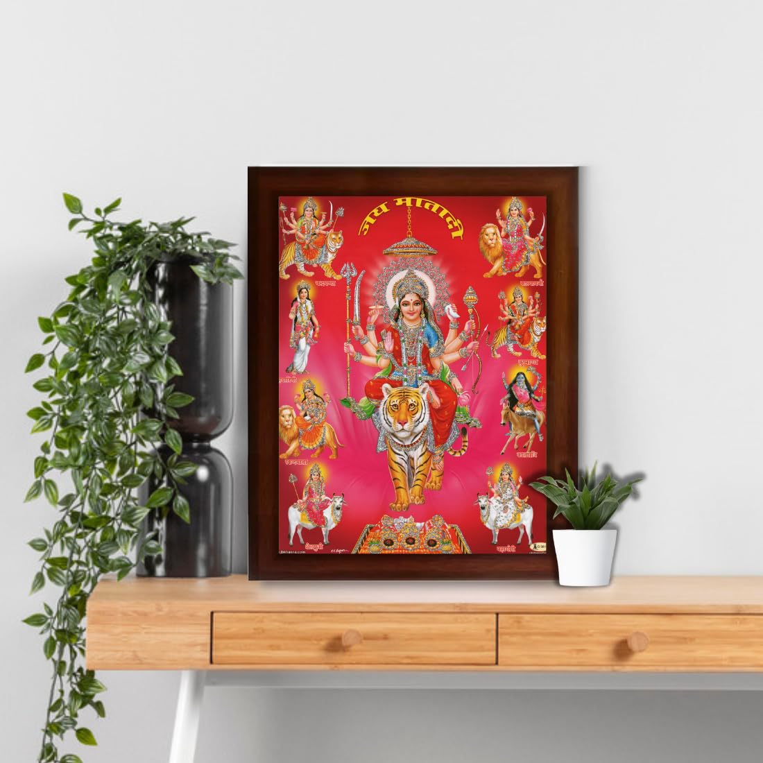 CRAFT QUEST Nav Durga mata photo with frame, Goddess Religious Framed Painting (Large Size, Brown 14 X 10 Inches)