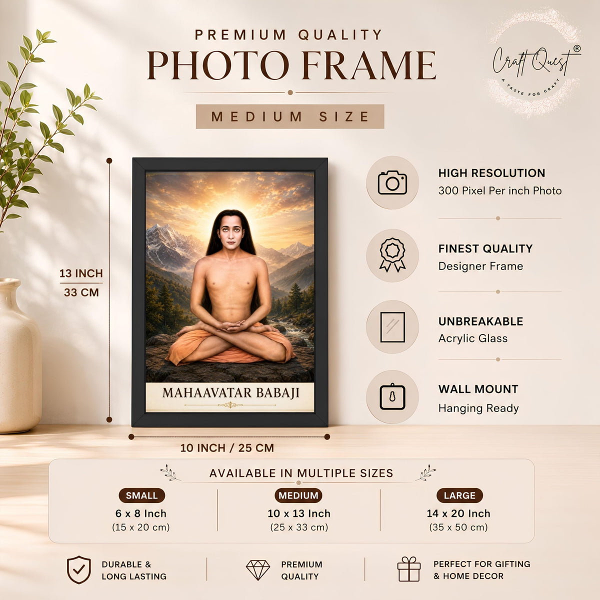 CRAFT QUEST Shree Mahavatar Babaji Portrait Photo Frame for Wall | Spiritual Guru Religious Wall Art | Devotional Photo for Home, Mandir, Puja Room & Gifting