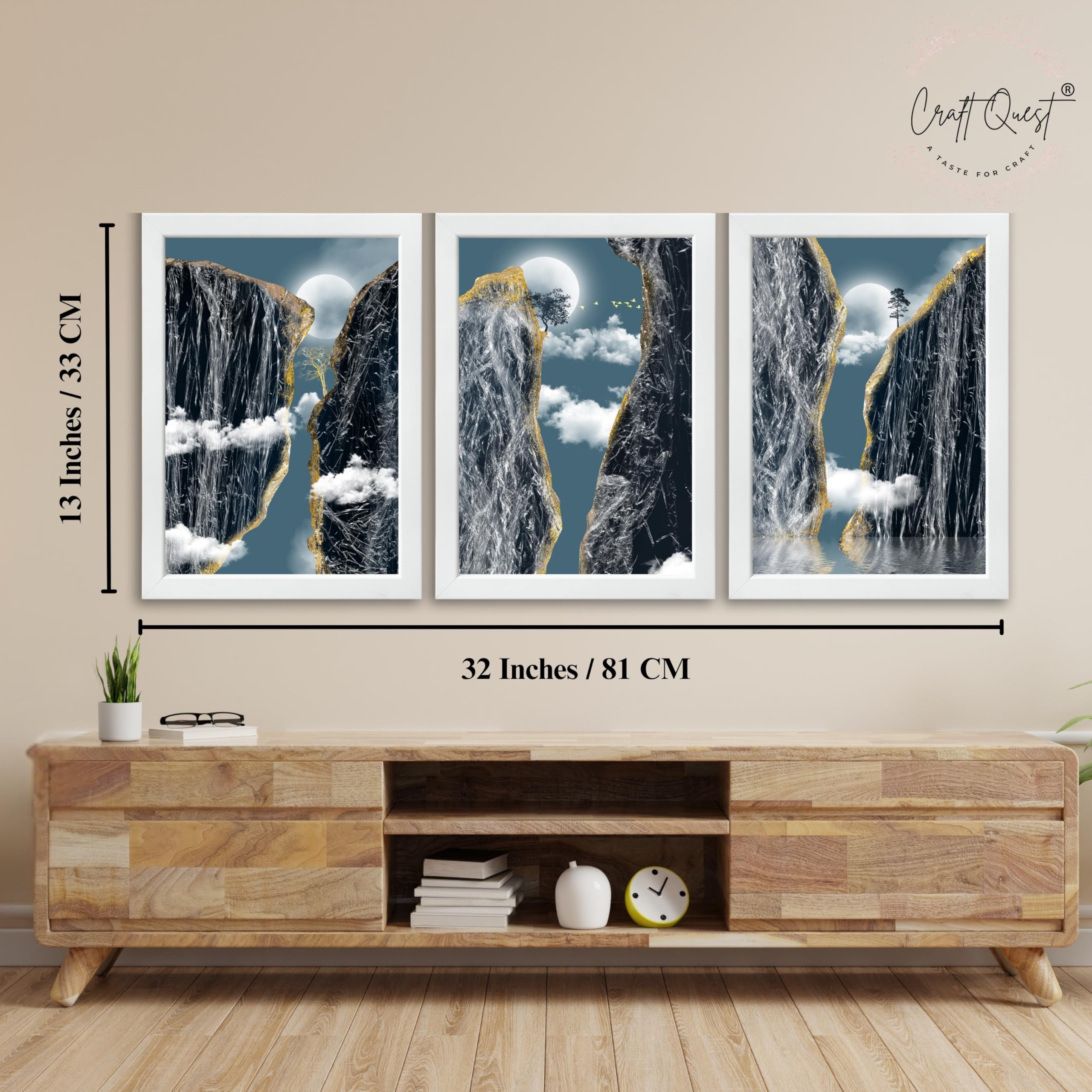 CRAFT QUEST Modern Art Abstract Landscape Decorative Wall Art | Set of 3 Frames for Home Decoration | Ideal for Living Room, Bedroom & Offices