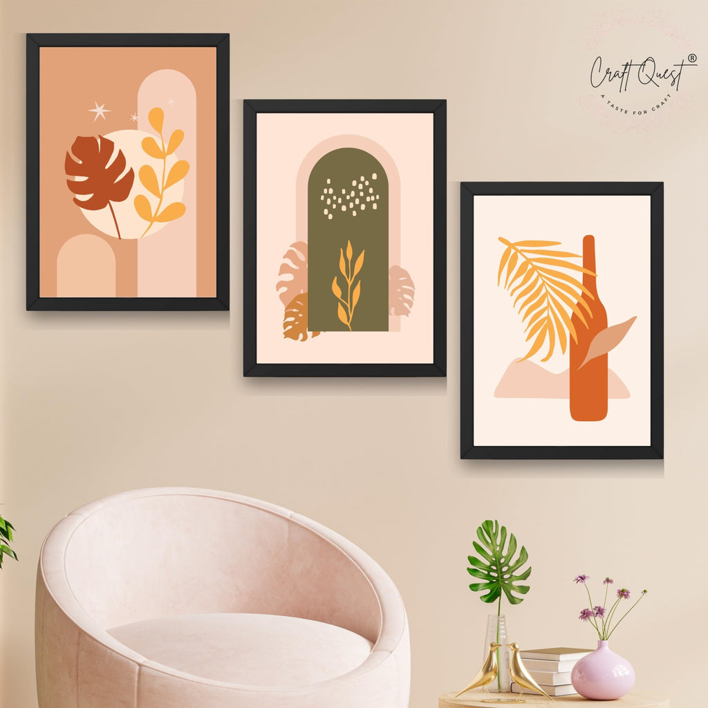 CRAFT QUEST Wall Art Decor Paintings | Set of 3 BOHO Wall Art Frames for Home Decoration | Ideal for Living Room, Offices & Bedrooms