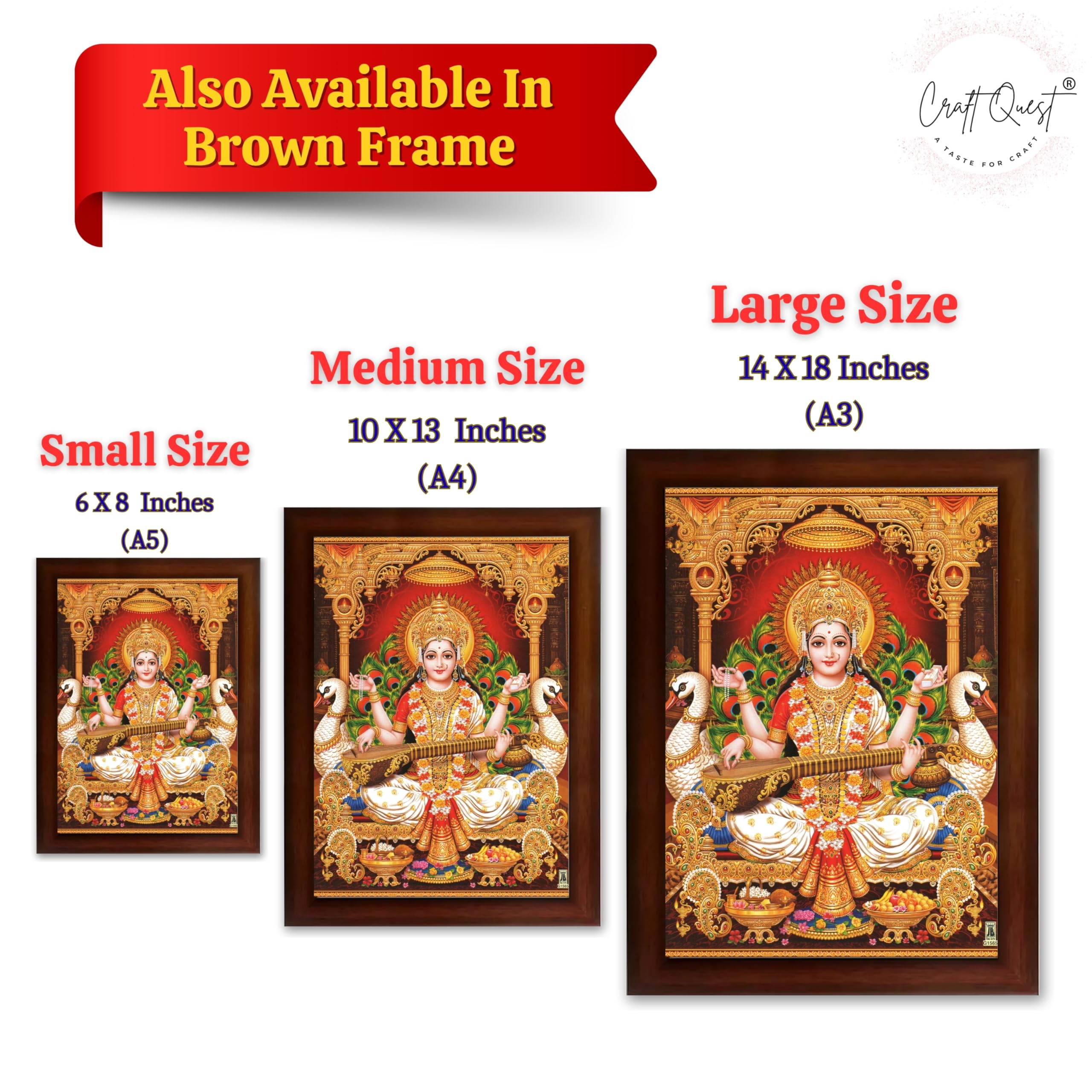 CRAFT QUEST Saraswati Devi Goddess Saraswathi Maa Wall Painting Framed For Home Décor Synthetic wooden Framed