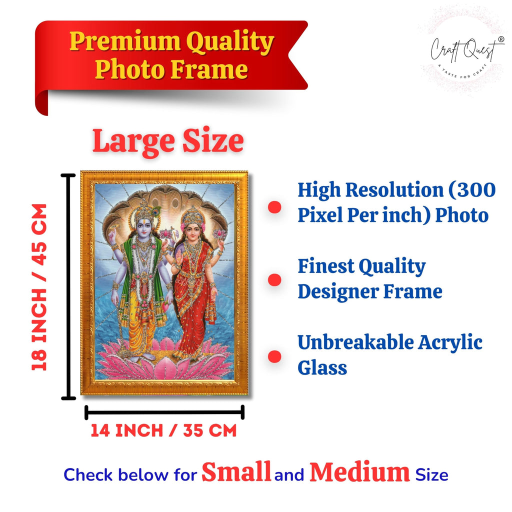 CRAFT QUEST Lord Vishnu Dev Lakshmi Devi Laxmi Narayan Ji Wall Painting Framed Home Decor, Religious Photo Frame